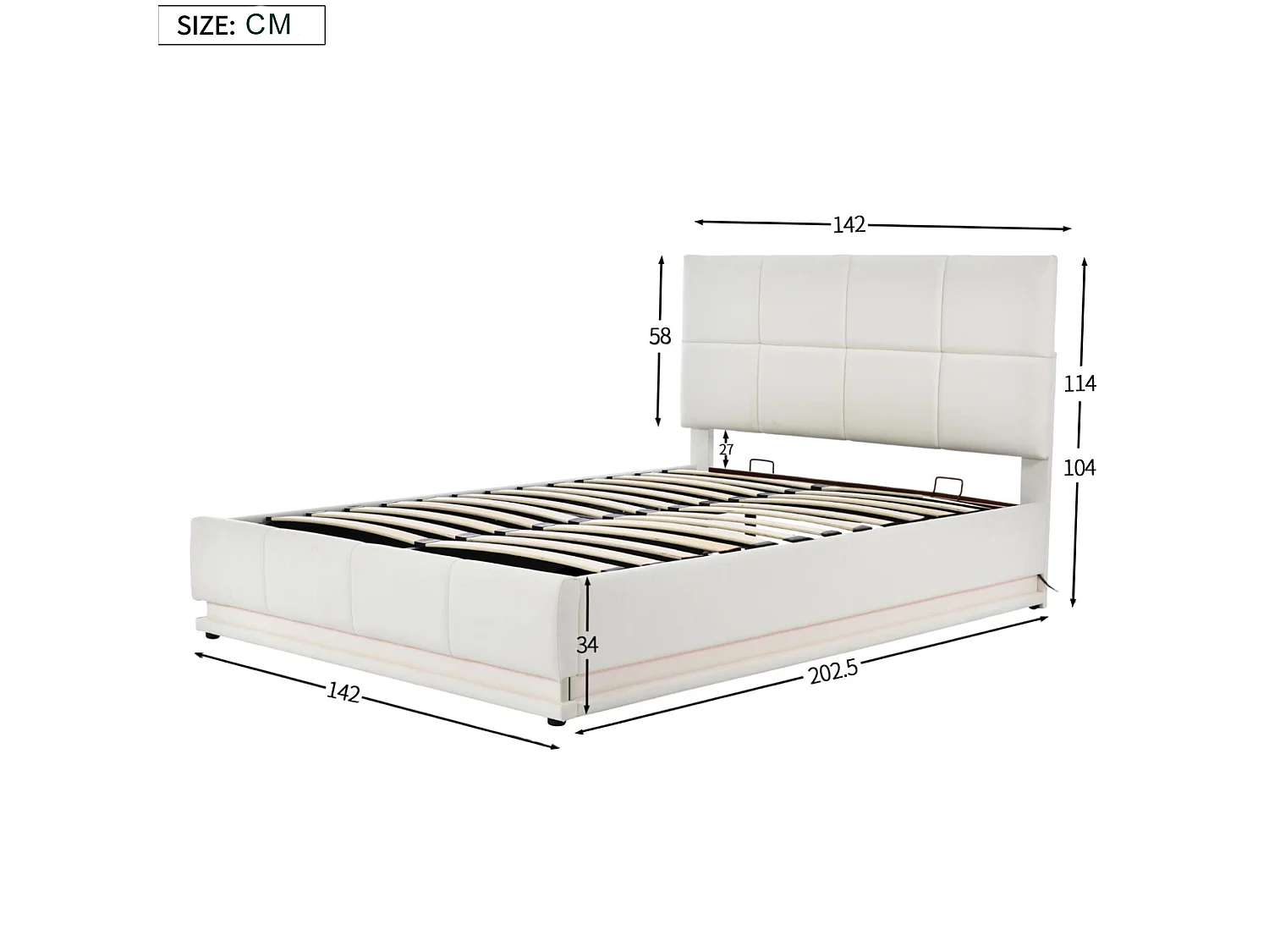 Gepolstertes Stauraumbett 140x200 cm mit LED-Beleuchtung – aus Kunstleder – Weiß