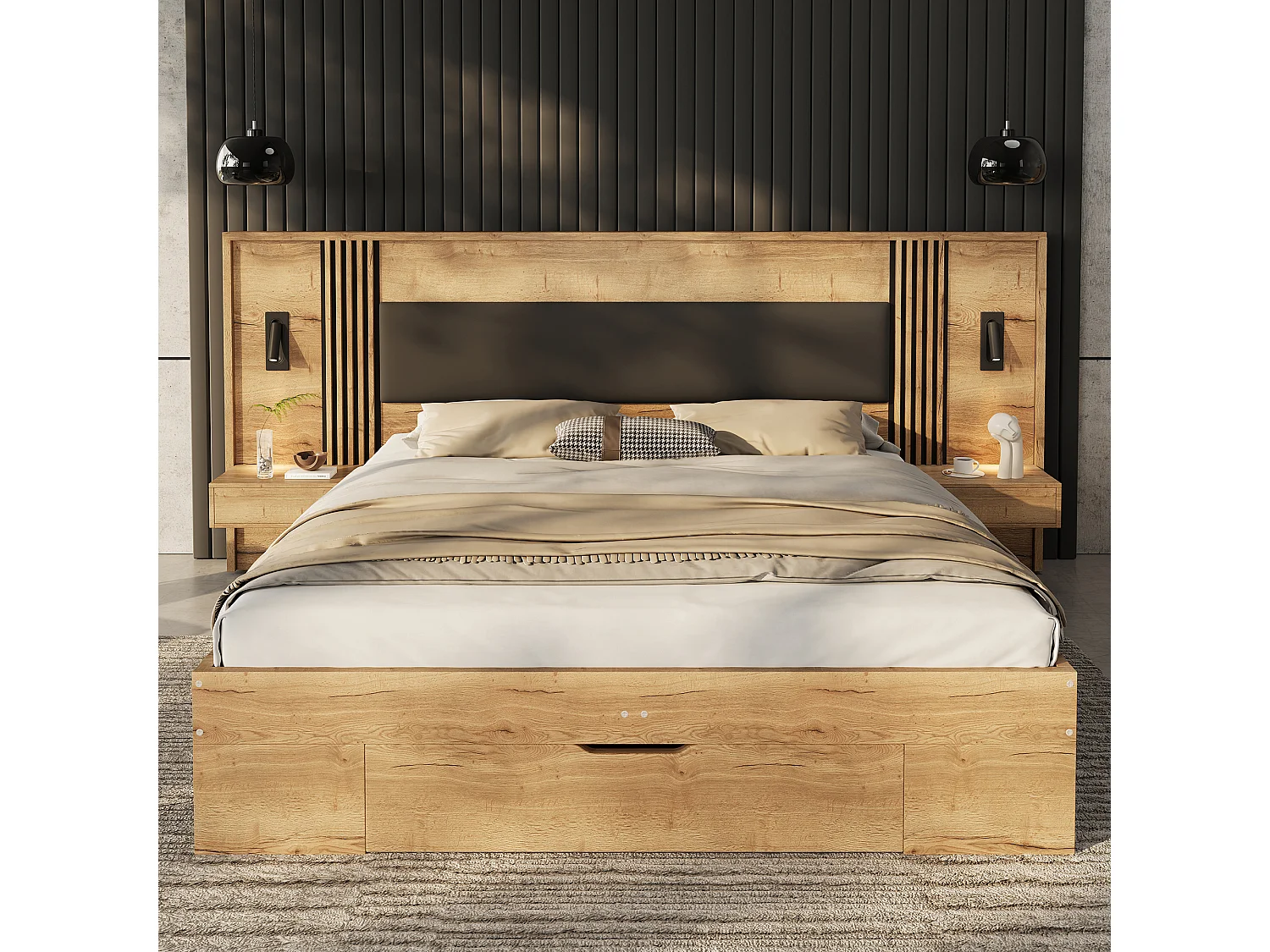 Letto matrimoniale contenitore - 180 x 200 cm - con lampada da lettura + 2 comodini + cassetti - legno - naturale