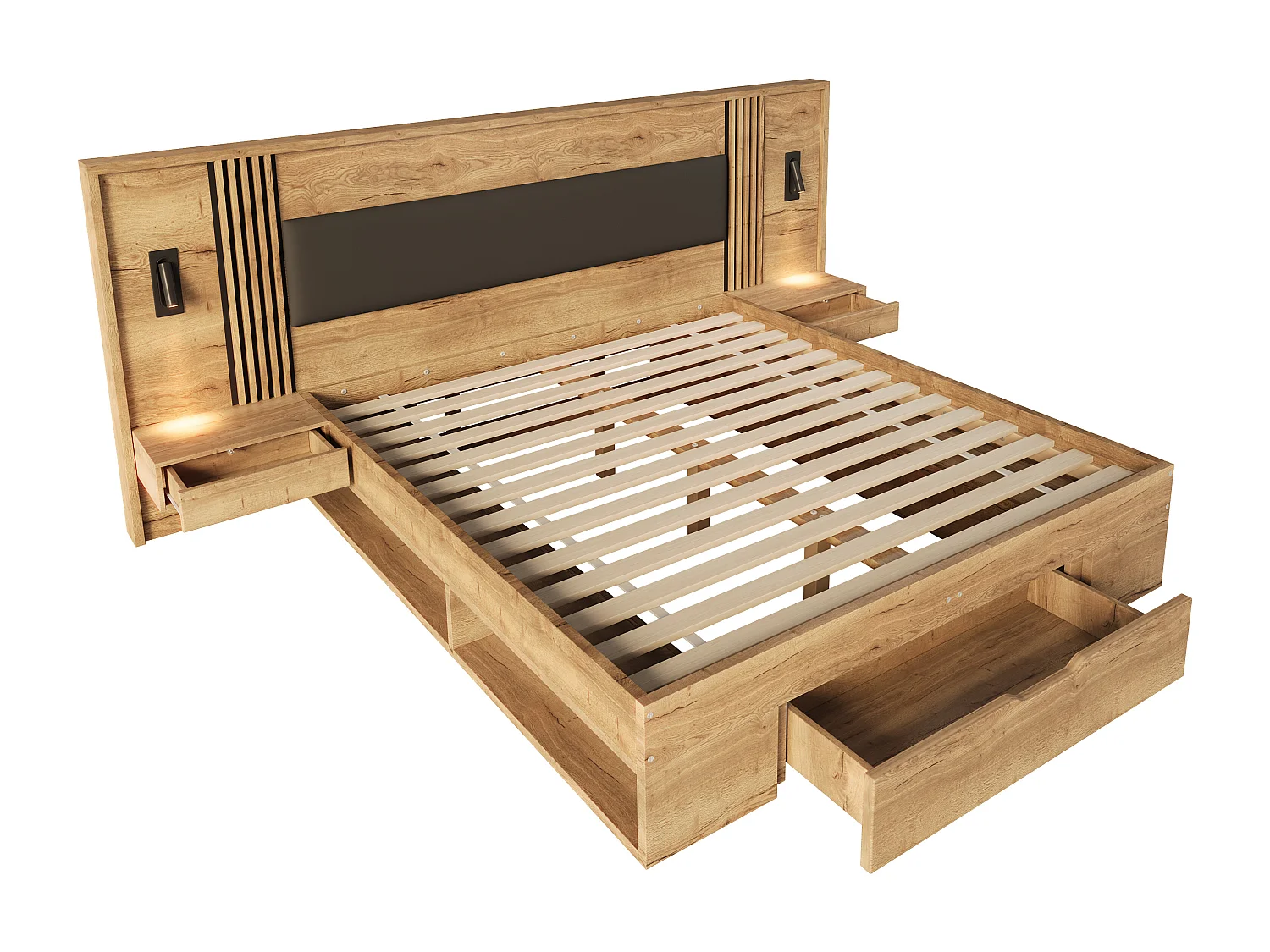 Letto matrimoniale contenitore - 180 x 200 cm - con lampada da lettura + 2 comodini + cassetti - legno - naturale