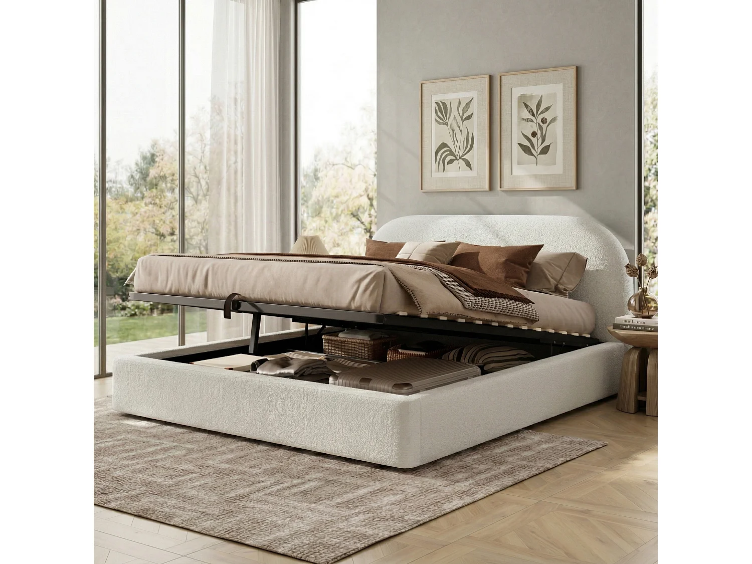 Lit coffre capitonné double - 160 x 200 cm - avec sommier à lattes + tête de lit - bouclé - beige