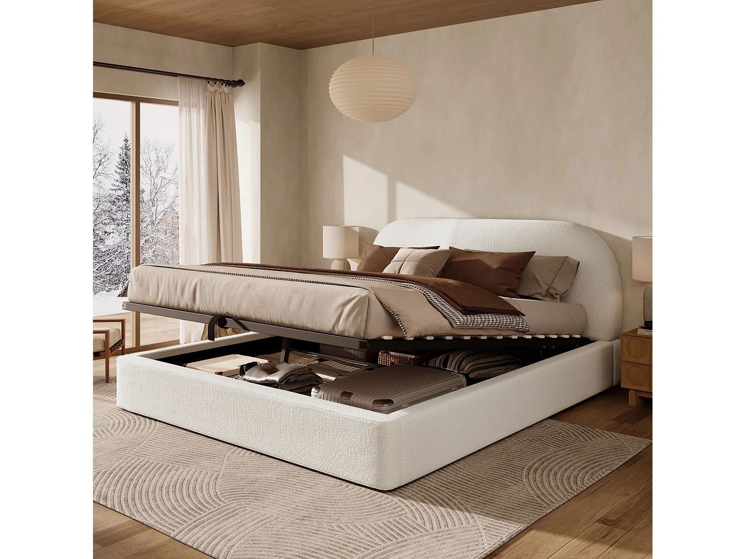 Lit coffre capitonné double - 160 x 200 cm - avec sommier à lattes + tête de lit - bouclé - beige