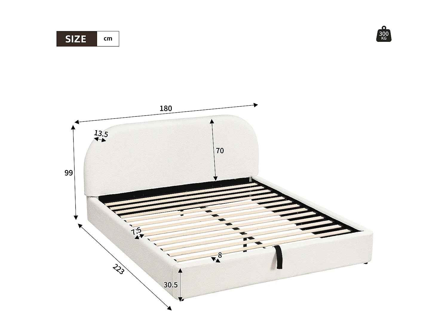 Lit coffre capitonné double - 160 x 200 cm - avec sommier à lattes + tête de lit - bouclé - beige
