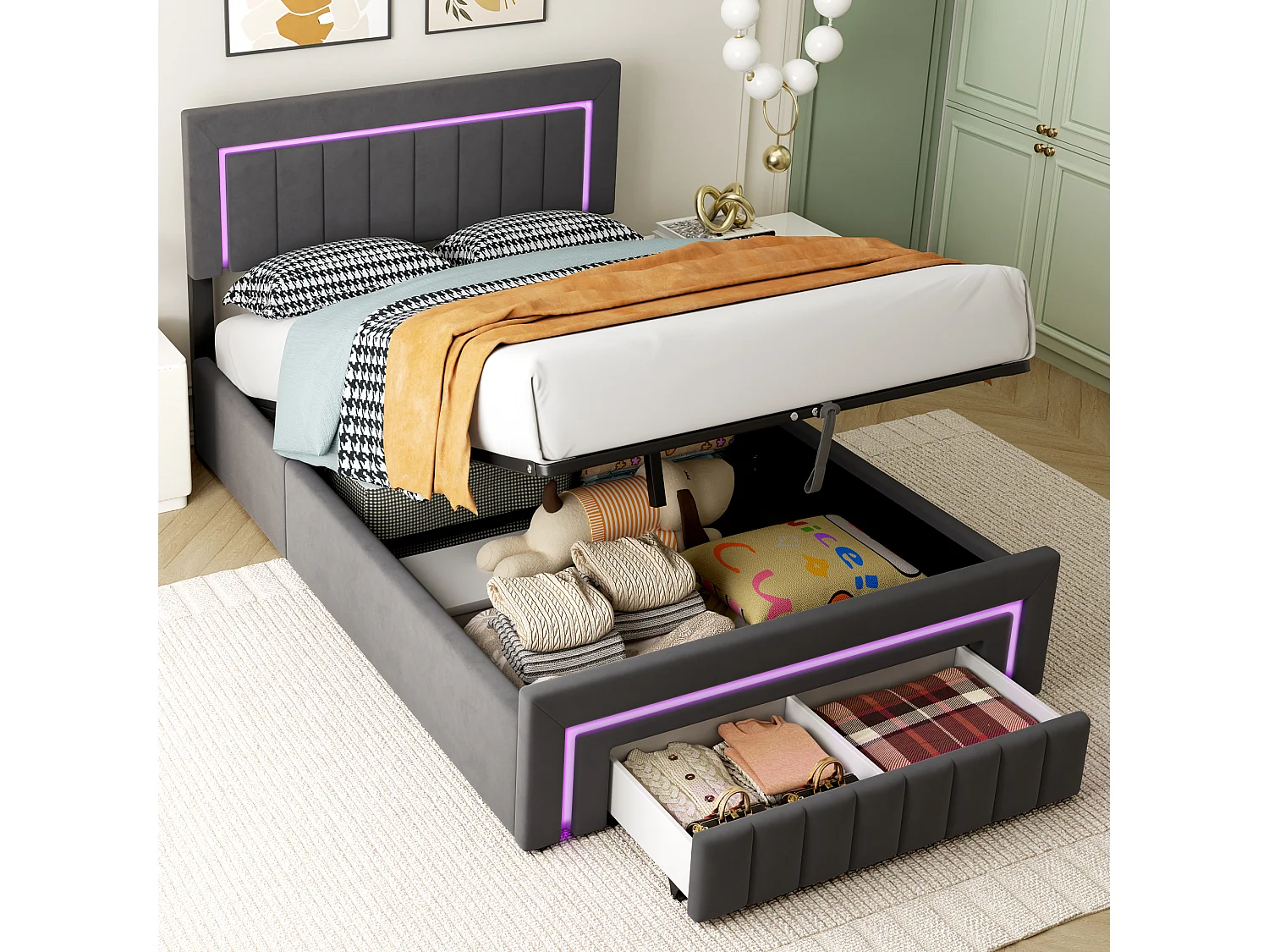 Lit coffre adulte 140x190 cm avec éclairage LED et tiroirs -Velours gris