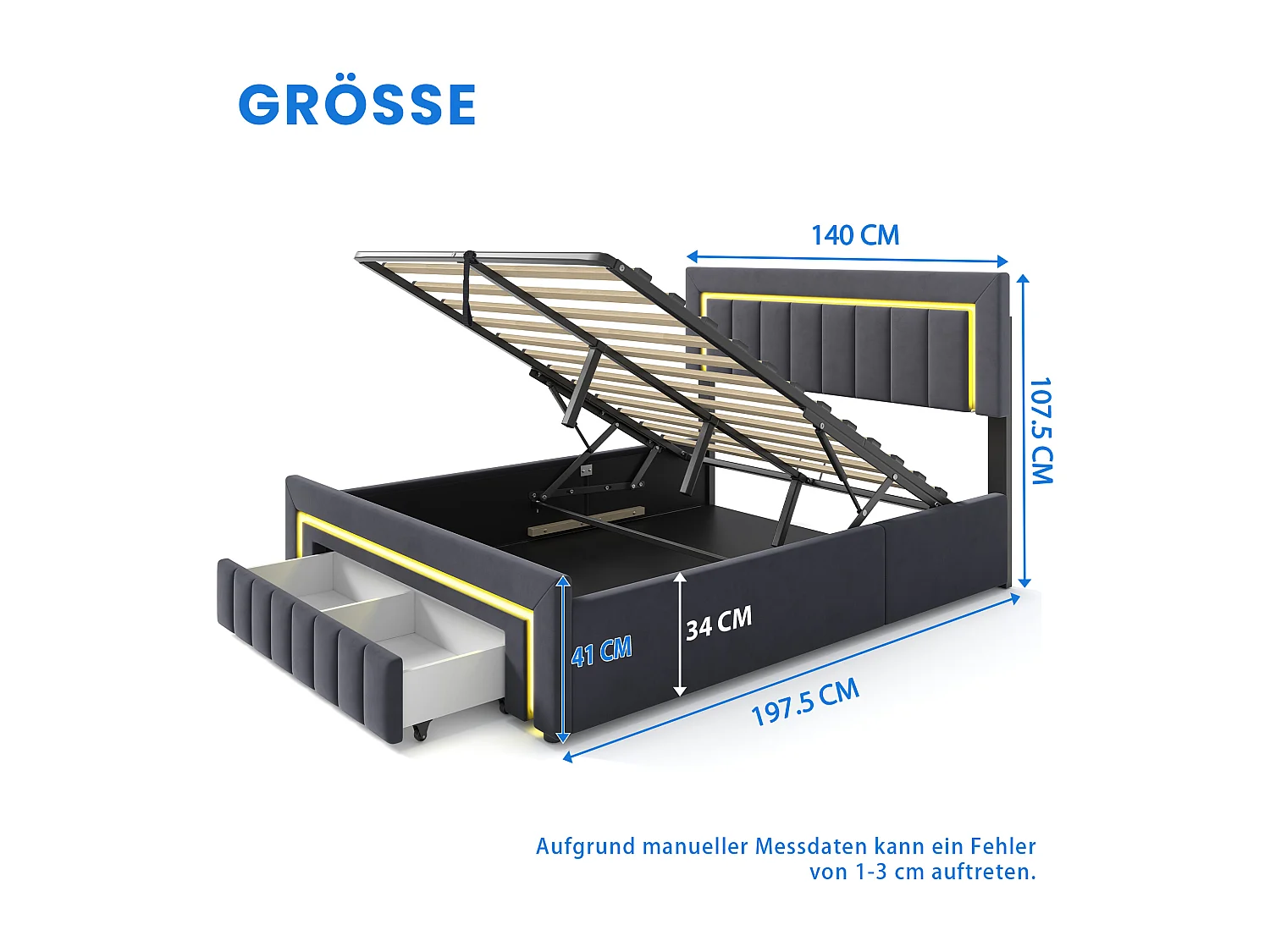 Lit coffre adulte 140x190 cm avec éclairage LED et tiroirs -Velours gris