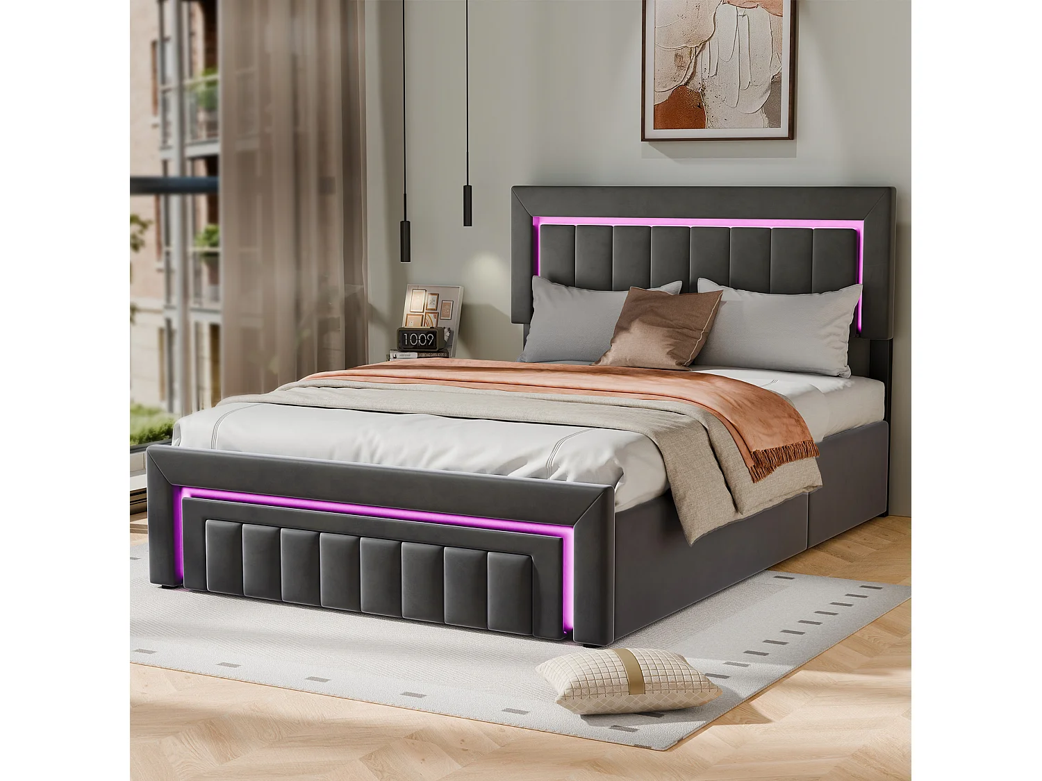 Lit coffre adulte 140x190 cm avec éclairage LED et tiroirs -Velours gris