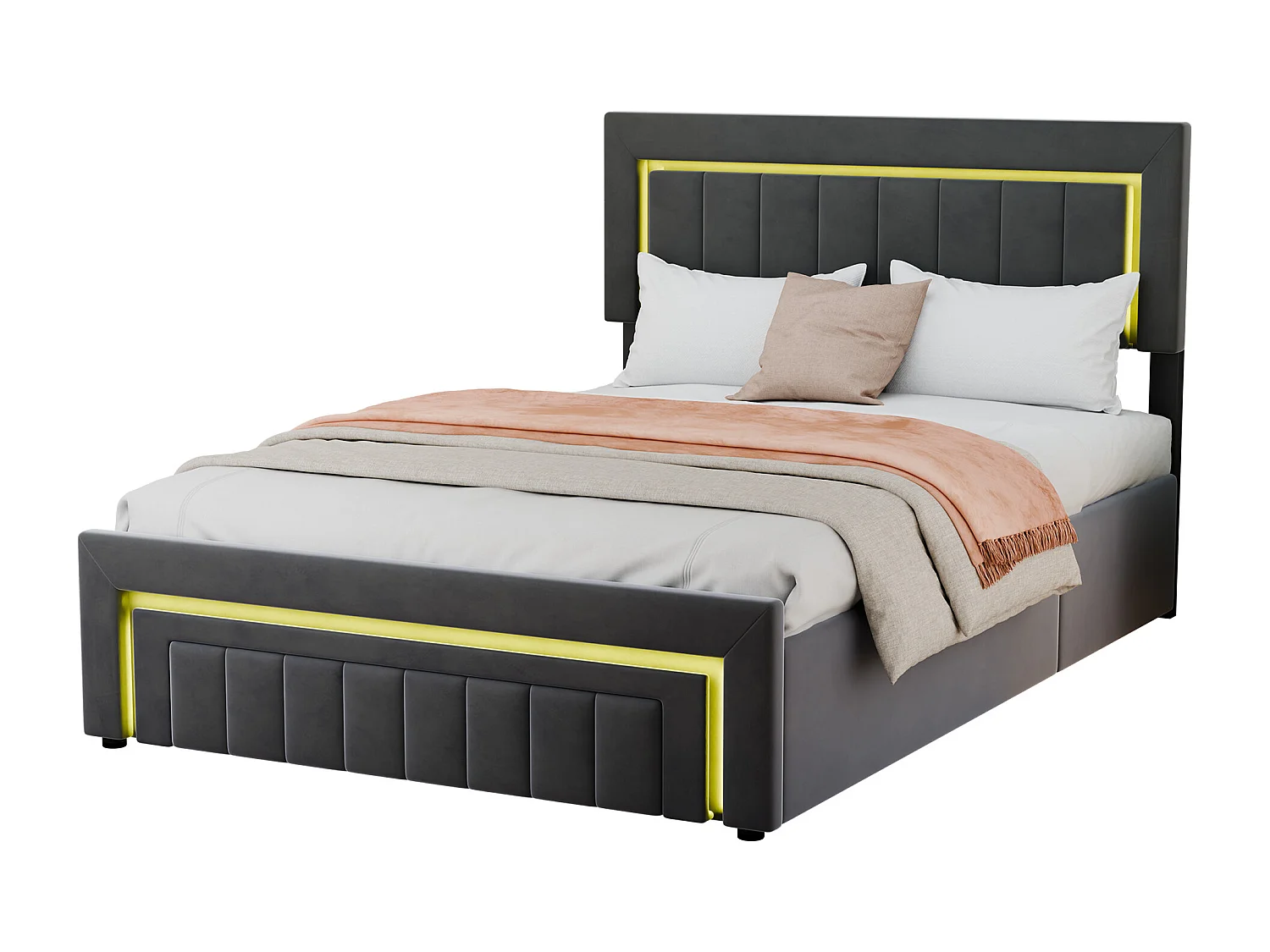 Lit coffre adulte 140x190 cm avec éclairage LED et tiroirs -Velours gris