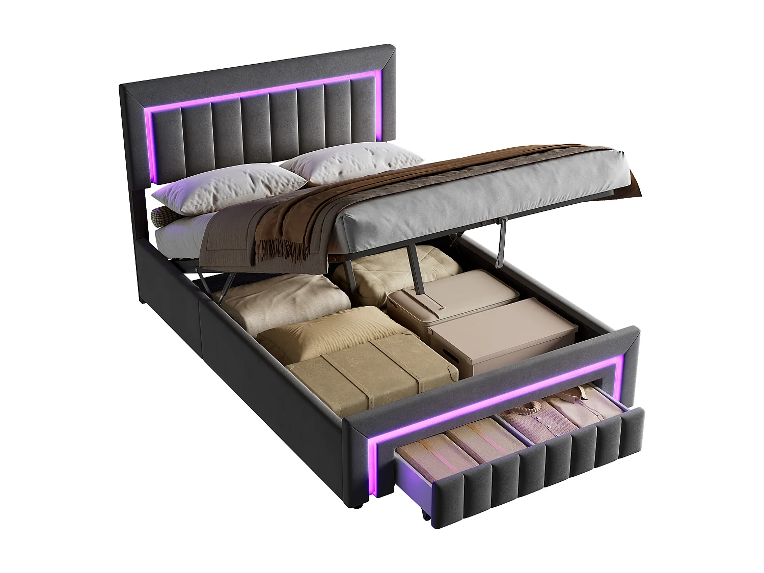 Lit coffre adulte 140x190 cm avec éclairage LED et tiroirs -Velours gris