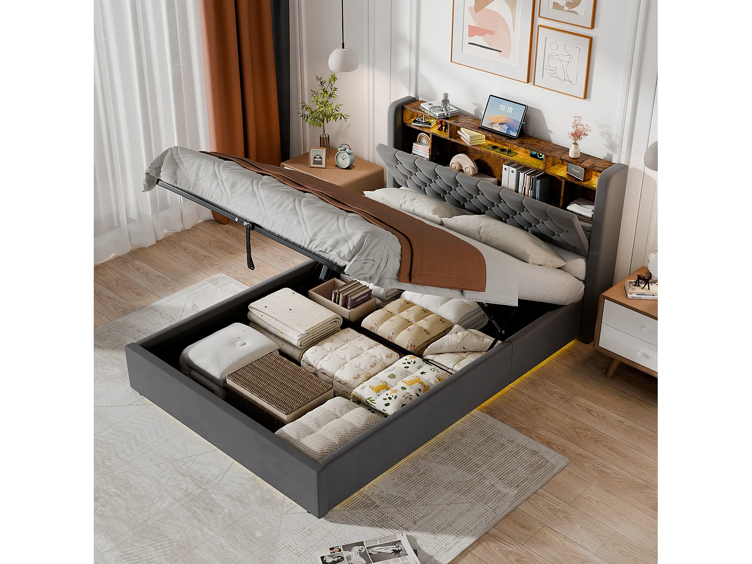 Lit coffre adulte 140 x 200 cm en velours avec LED, prise électrique - Gris foncé