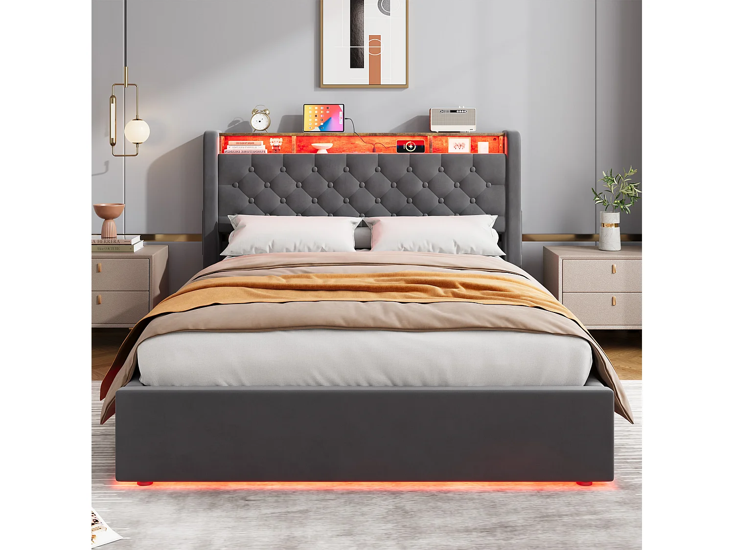 Lit coffre adulte 140 x 200 cm en velours avec LED, prise électrique - Gris foncé
