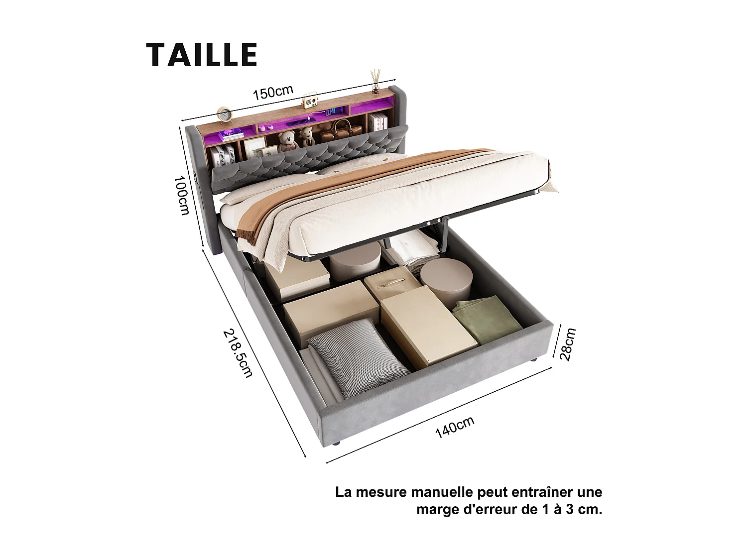 Lit coffre adulte 140 x 200 cm en velours avec LED, prise électrique - Gris foncé
