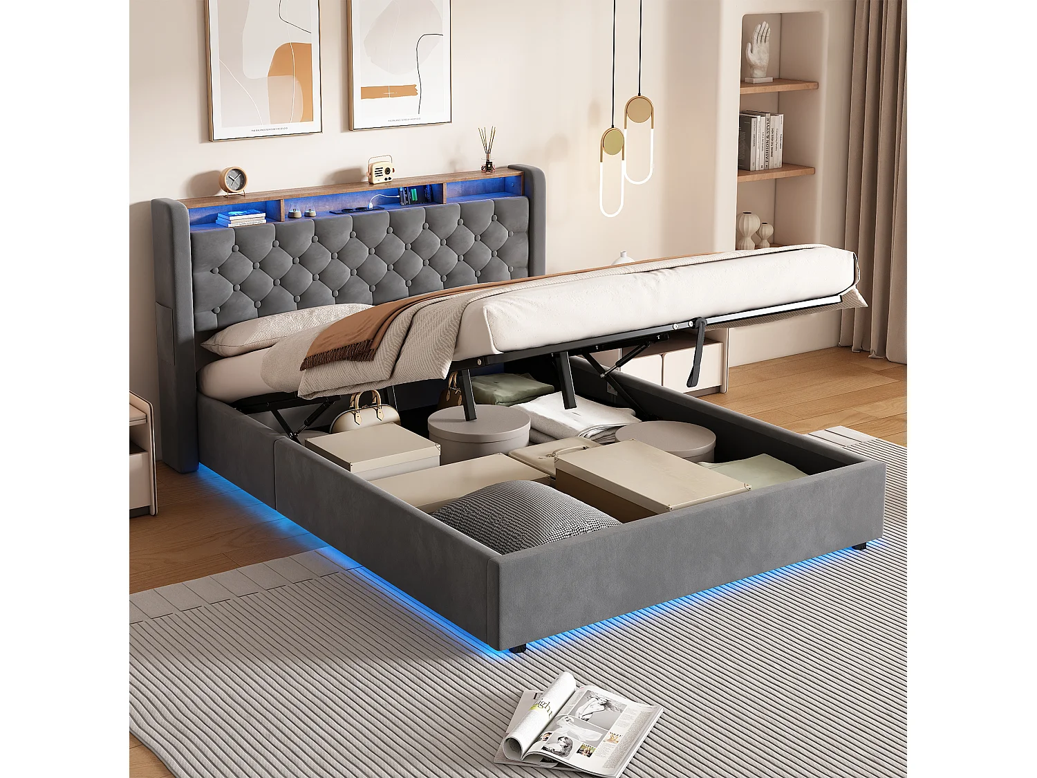 Lit coffre adulte 140 x 200 cm en velours avec LED, prise électrique - Gris foncé