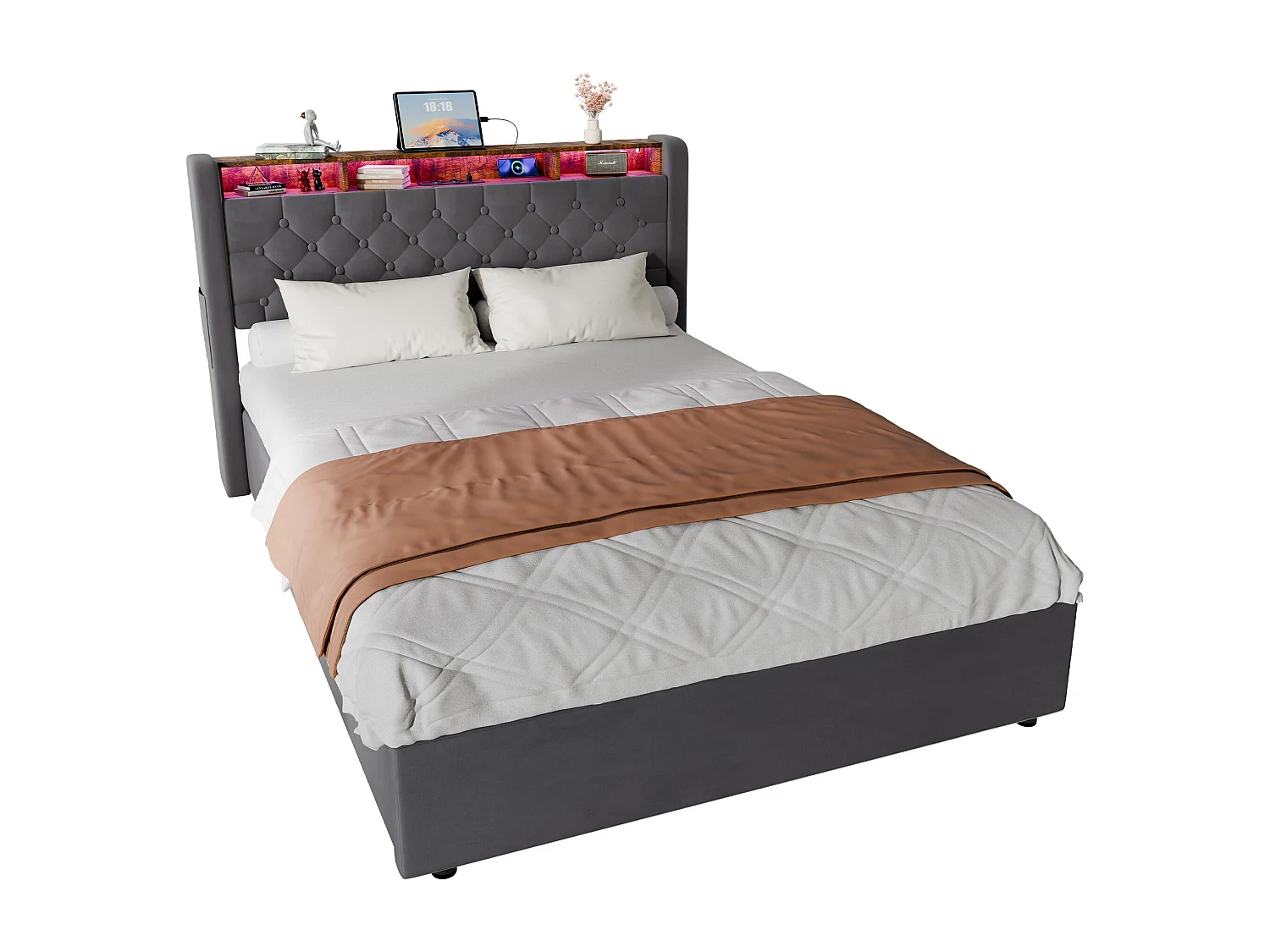 Lit coffre adulte 140 x 200 cm en velours avec LED, prise électrique - Gris foncé