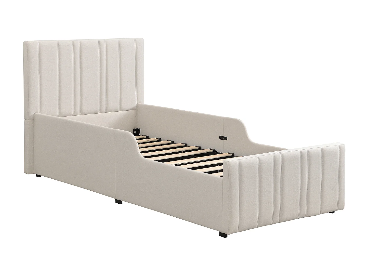 Lit coffre rembourré - 90 x 200 cm - avec rangement hydraulique + tête de lit - lin - beige