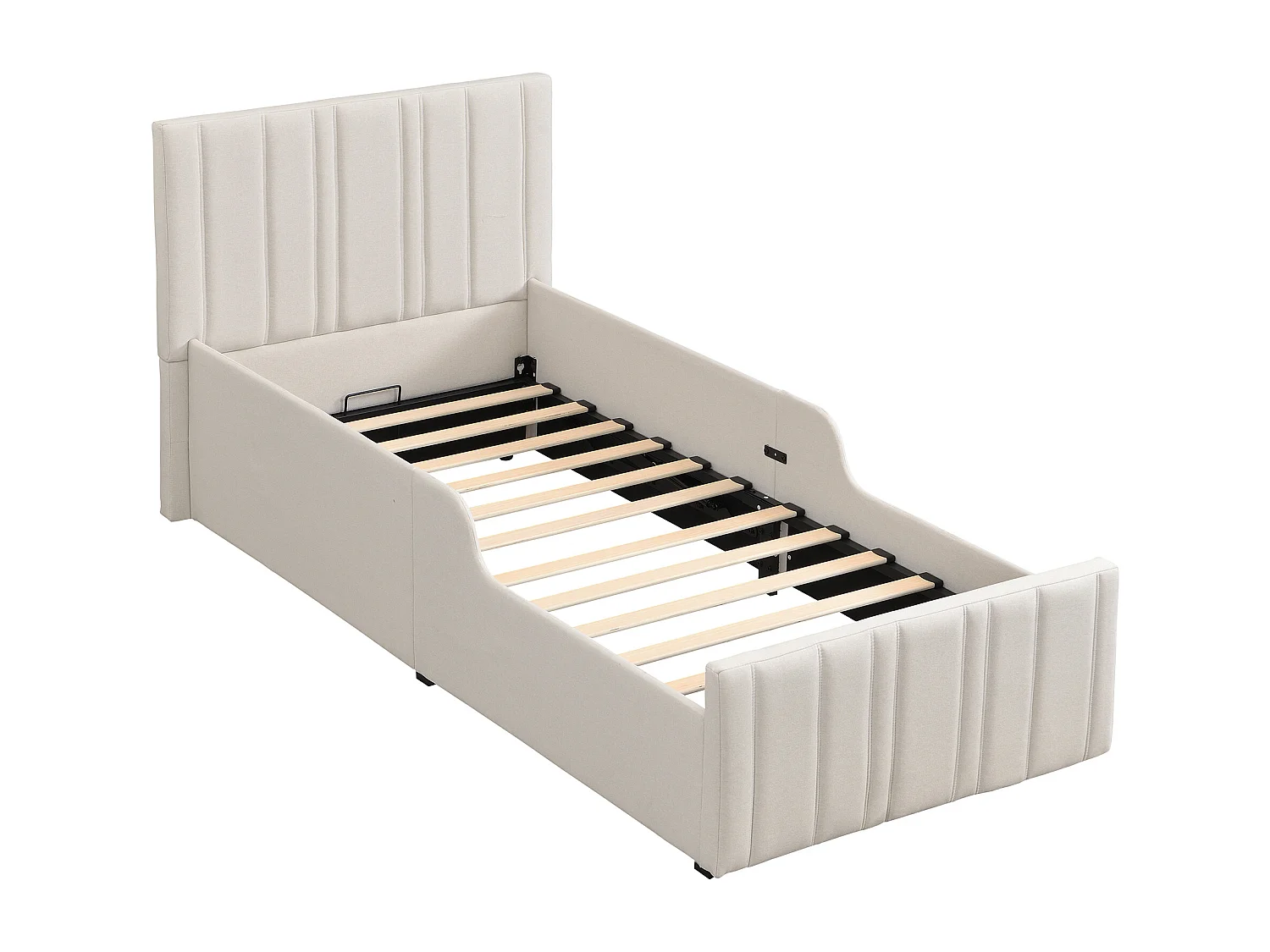 Lit coffre rembourré - 90 x 200 cm - avec rangement hydraulique + tête de lit - lin - beige