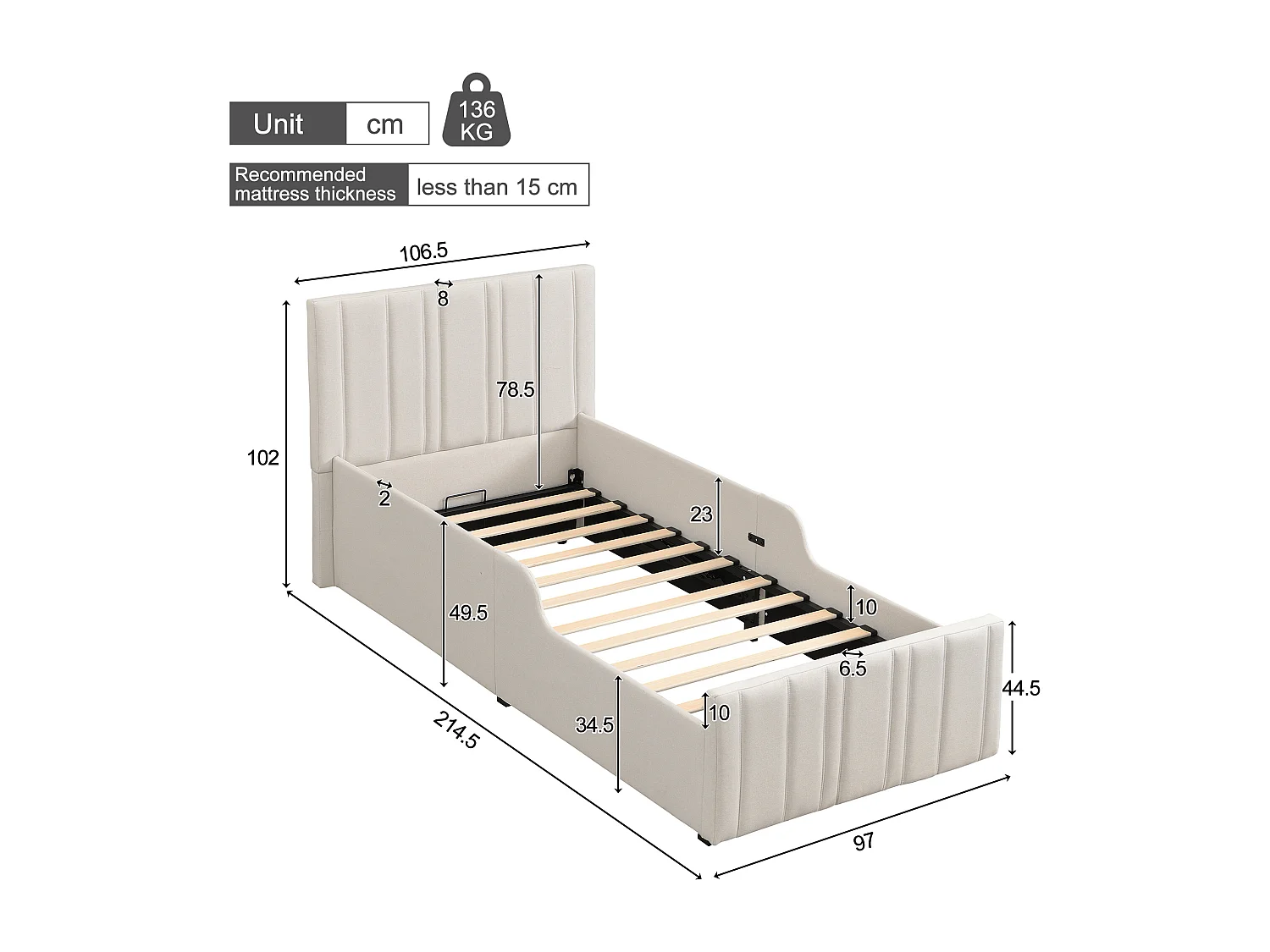 Lit coffre rembourré - 90 x 200 cm - avec rangement hydraulique + tête de lit - lin - beige