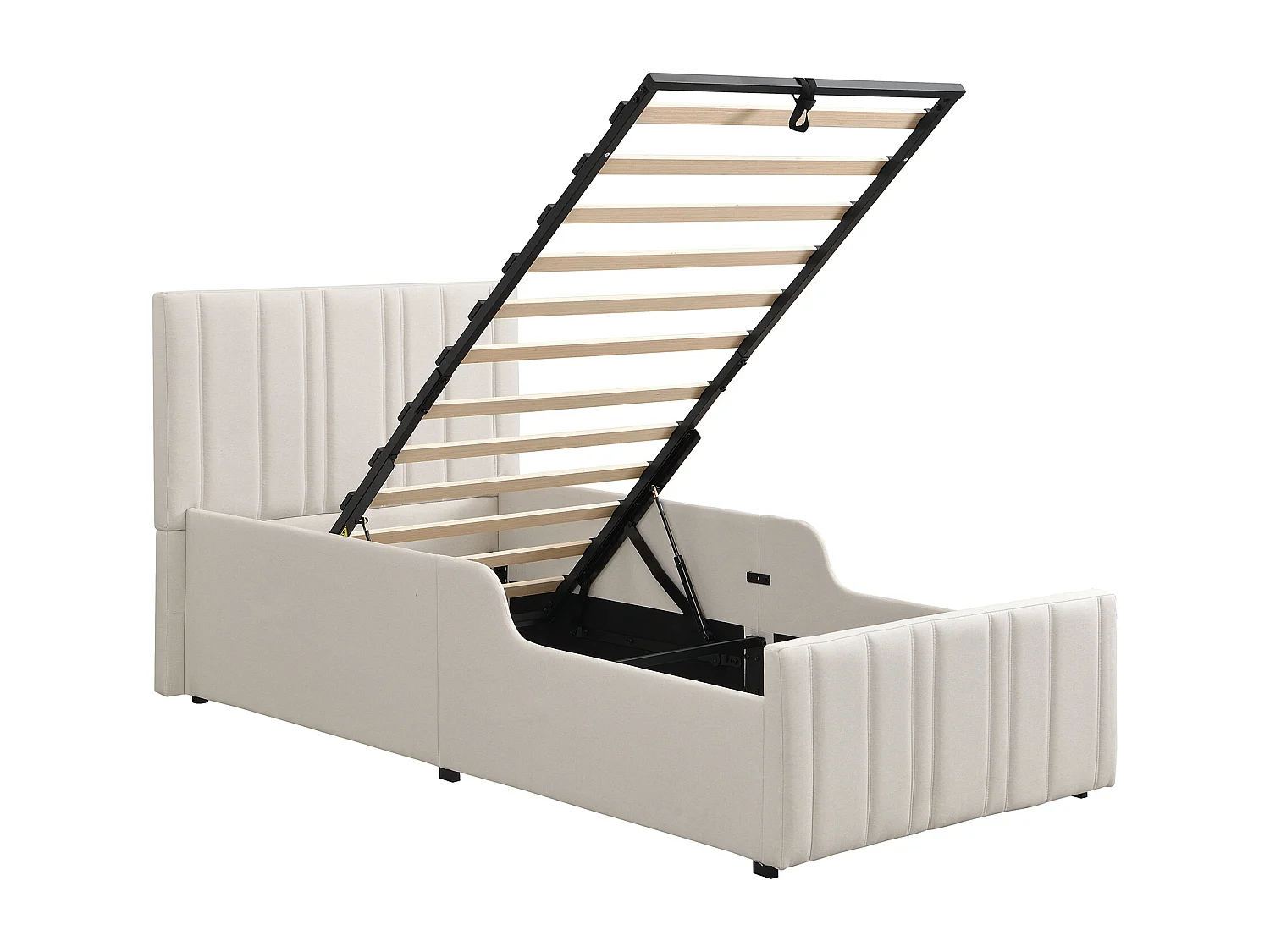 Lit coffre rembourré - 90 x 200 cm - avec rangement hydraulique + tête de lit - lin - beige