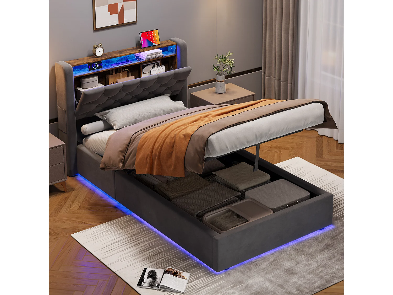 Lit coffre enfant 90 x 200 cm en velours avec LED, prise électrique - Gris foncé