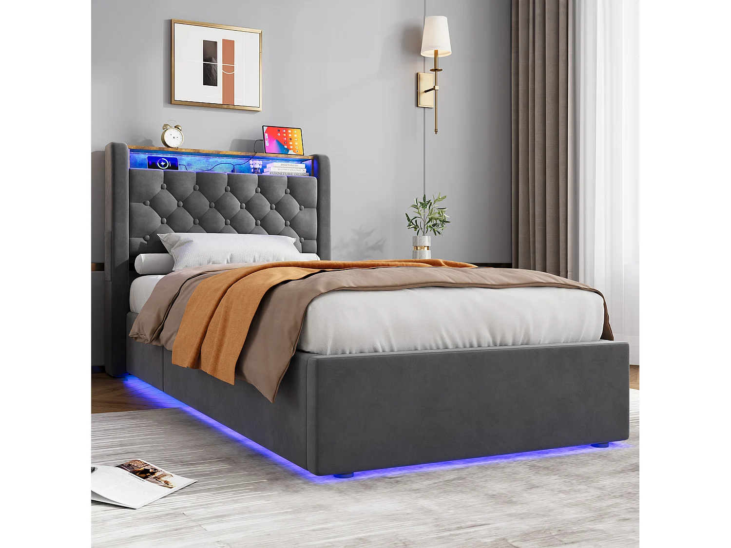 Lit coffre enfant 90 x 200 cm en velours avec LED, prise électrique - Gris foncé