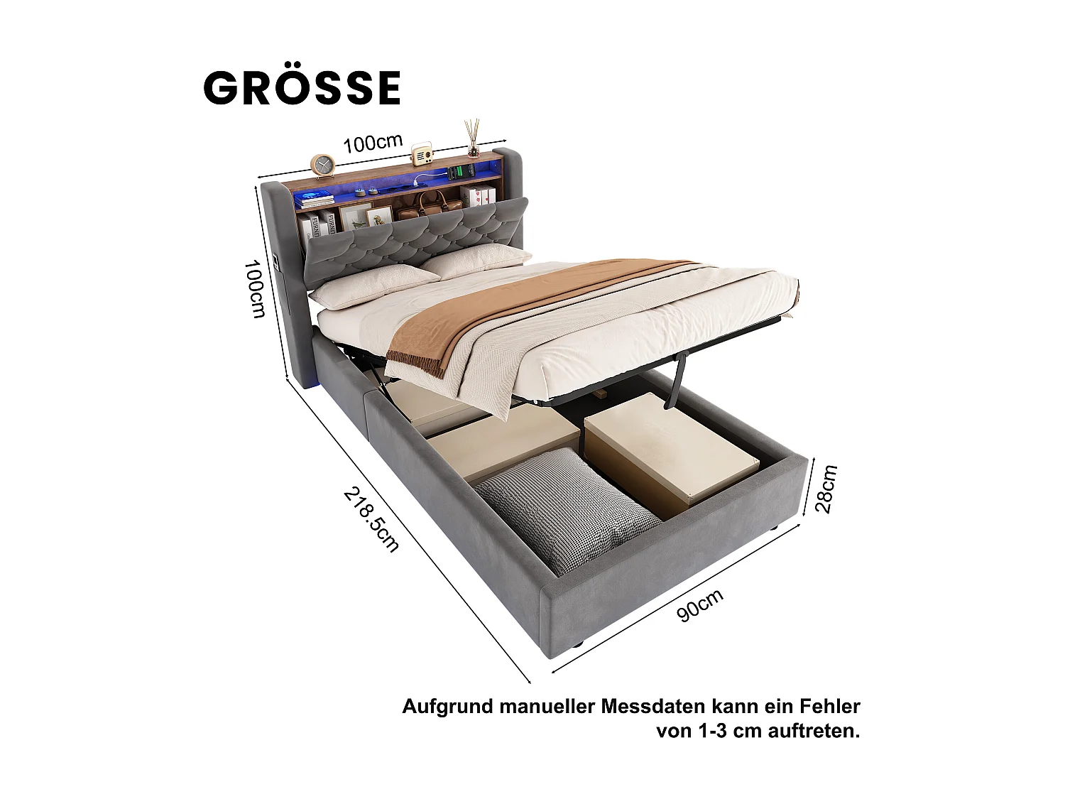 Lit coffre enfant 90 x 200 cm en velours avec LED, prise électrique - Gris foncé