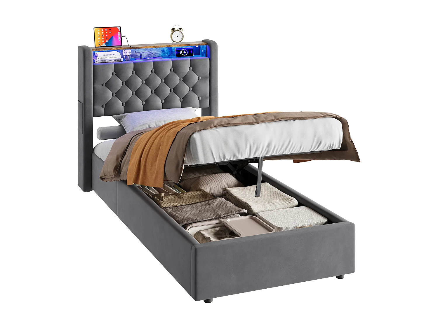 Lit coffre enfant 90 x 200 cm en velours avec LED, prise électrique - Gris foncé