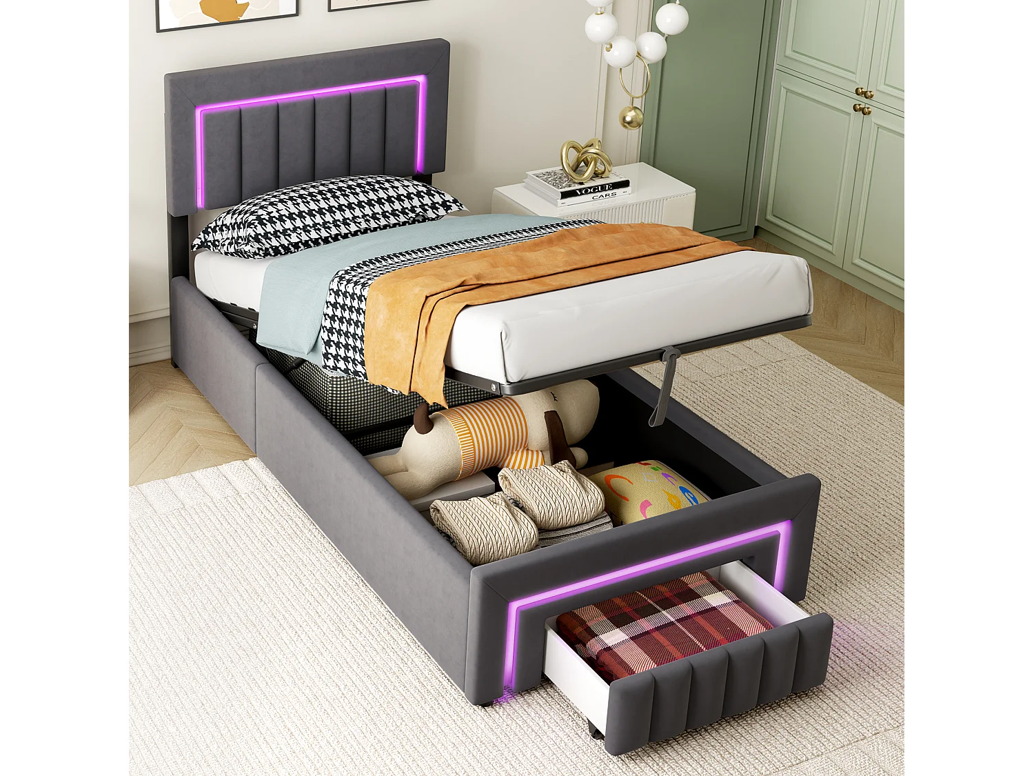 Lit coffre enfant 90x190 cm avec éclairage LED et tiroir - Velours gris (sans matelas)
