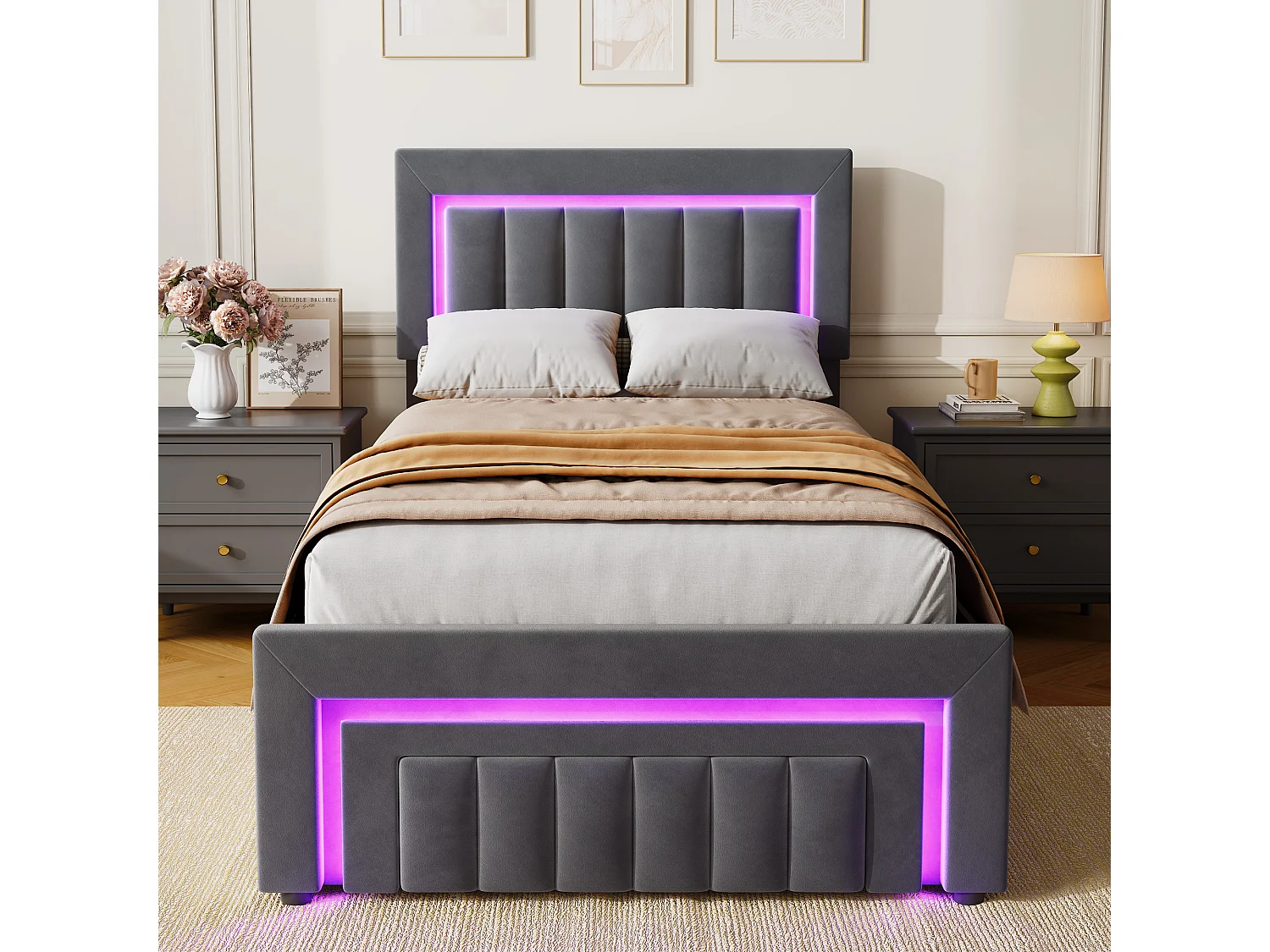Lit coffre enfant 90x190 cm avec éclairage LED et tiroir - Velours gris (sans matelas)