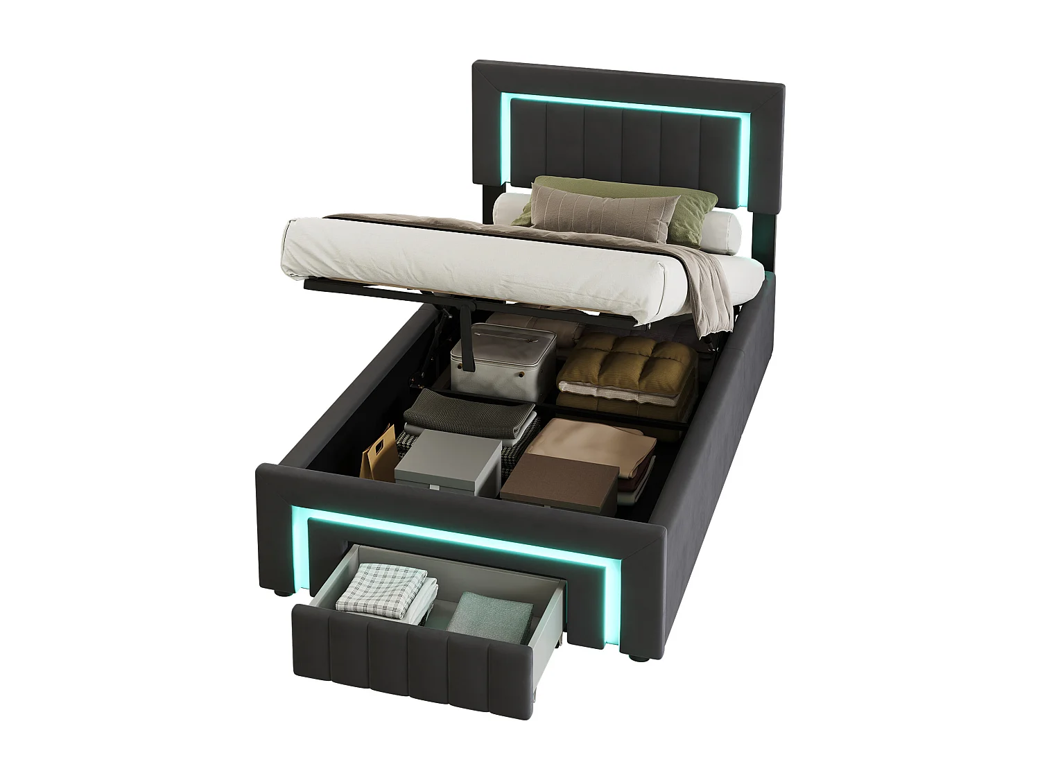 Lit coffre enfant 90x190 cm avec éclairage LED et tiroir - Velours gris (sans matelas)