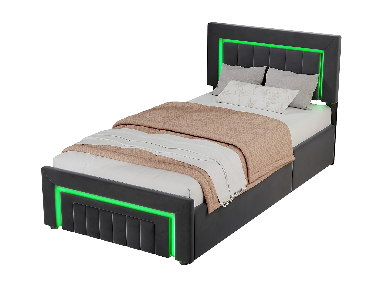 Lit coffre enfant 90x190 cm avec éclairage LED et tiroir - Velours gris (sans matelas)