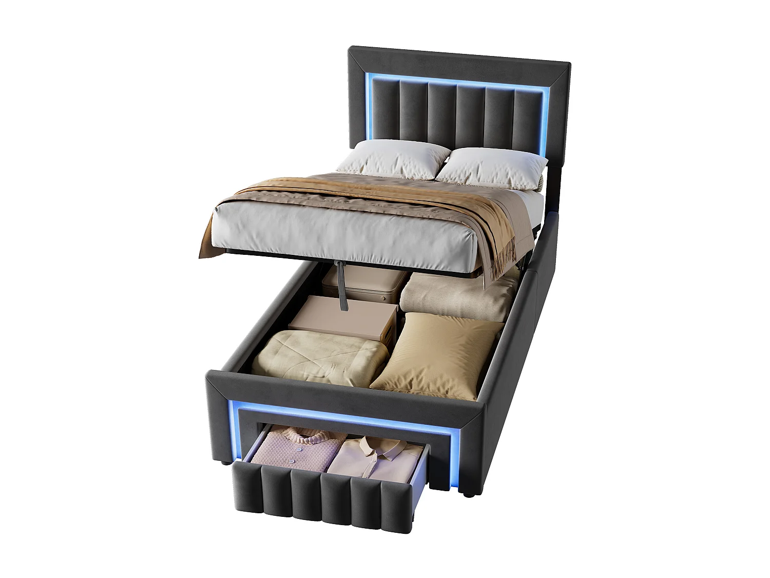 Lit coffre enfant 90x190 cm avec éclairage LED et tiroir - Velours gris (sans matelas)