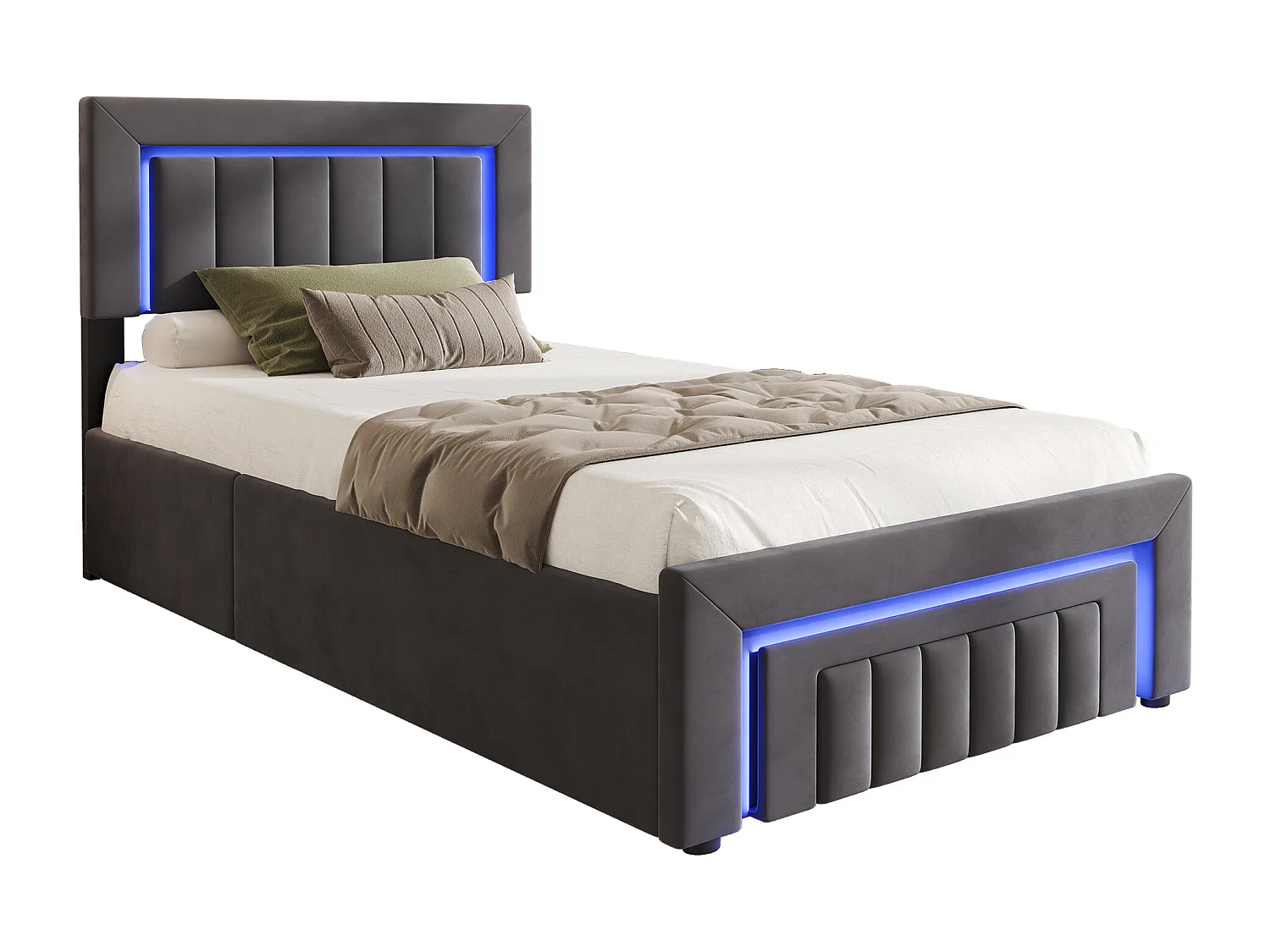 Lit coffre enfant 90x190 cm avec éclairage LED et tiroir - Velours gris (sans matelas)