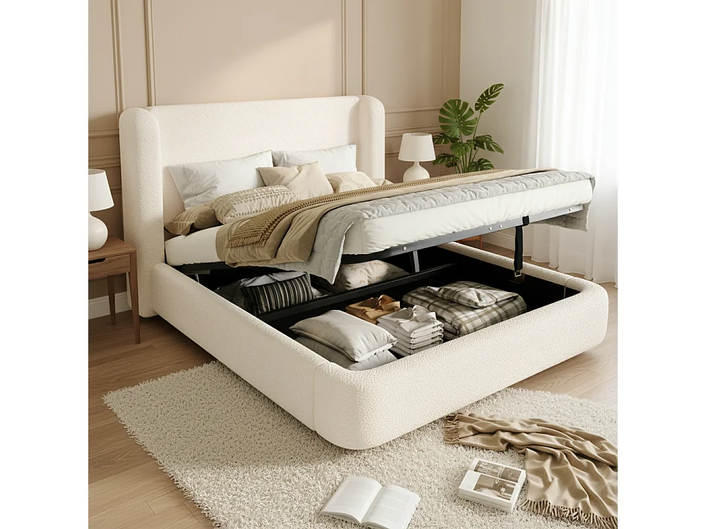 Polstret seng med opbevaring 180x200cm - med opbevaringsplads - Bouclé velour - Beige (madras medfølger ikke)
