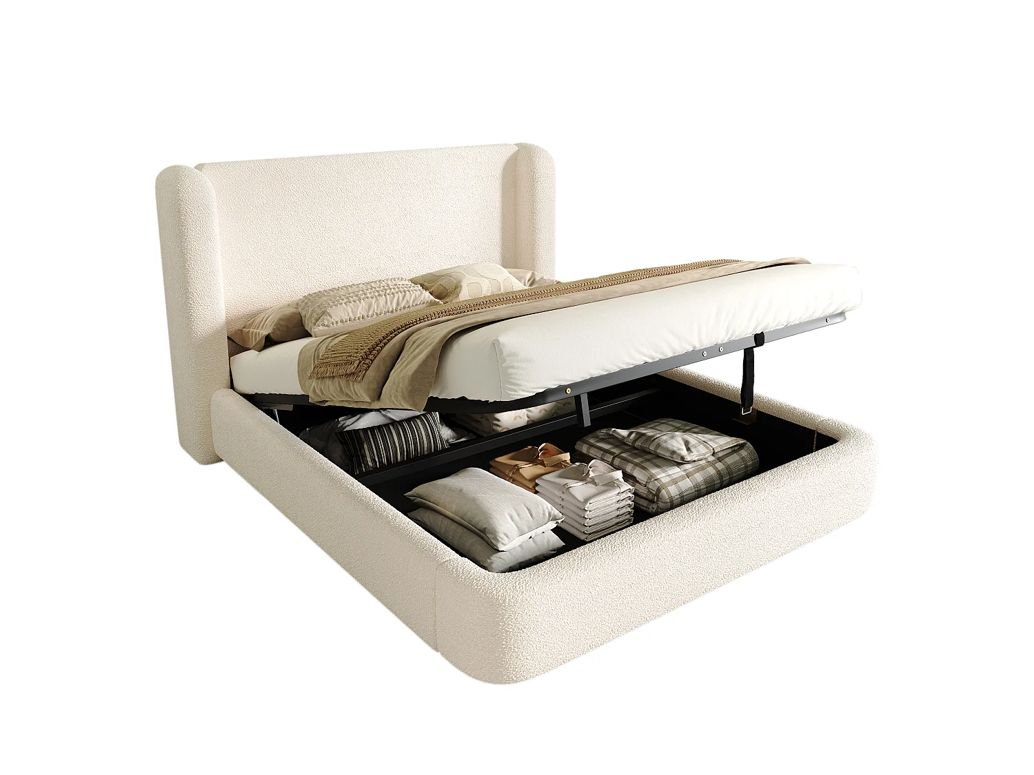 Polstret seng med opbevaring 180x200cm - med opbevaringsplads - Bouclé velour - Beige (madras medfølger ikke)