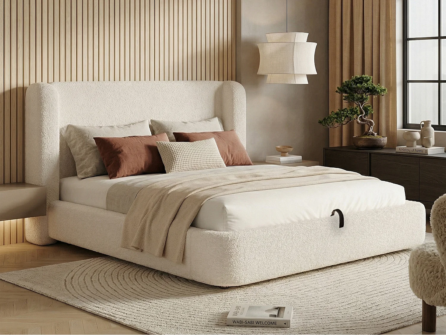 Polstret seng med opbevaring 180x200cm - med opbevaringsplads - Bouclé velour - Beige (madras medfølger ikke)