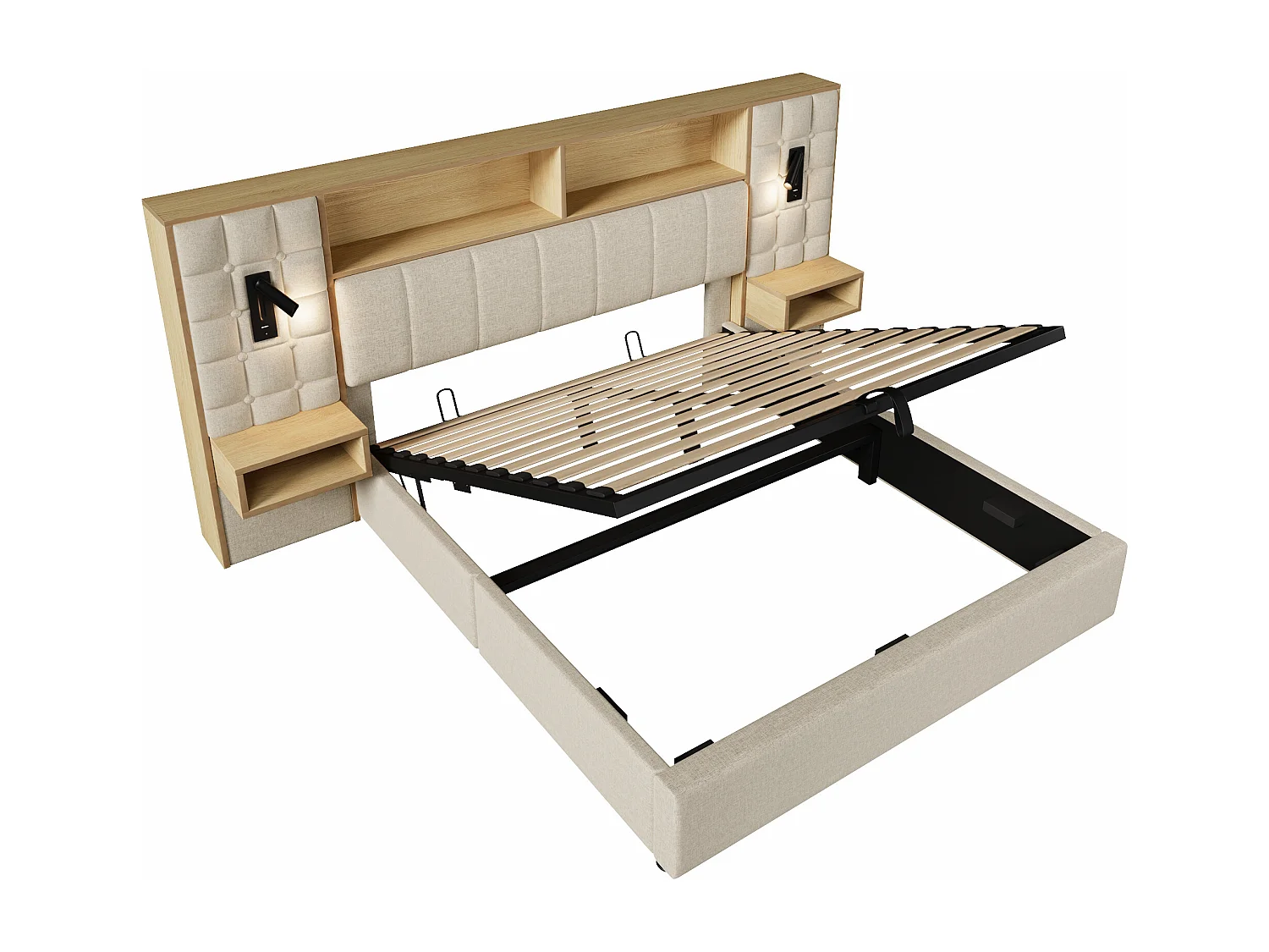 Lit coffre rembourré - 160 x 200 cm - avec Leds + 2 lampes de lecture + 2 tables de chevet + tête de lit de rangement - lin - beige