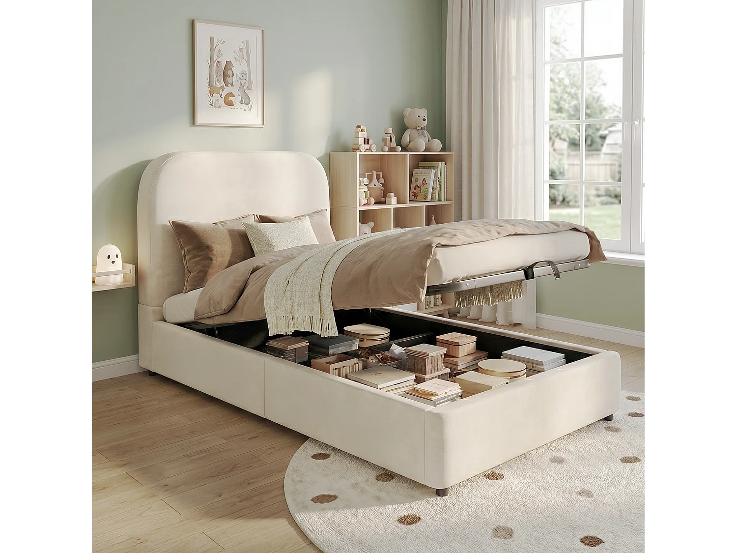 Gepolstertes Stauraumbett – 90 x 190 cm – mit hydraulischem Stauraum und Kopfteil – Samt – beige