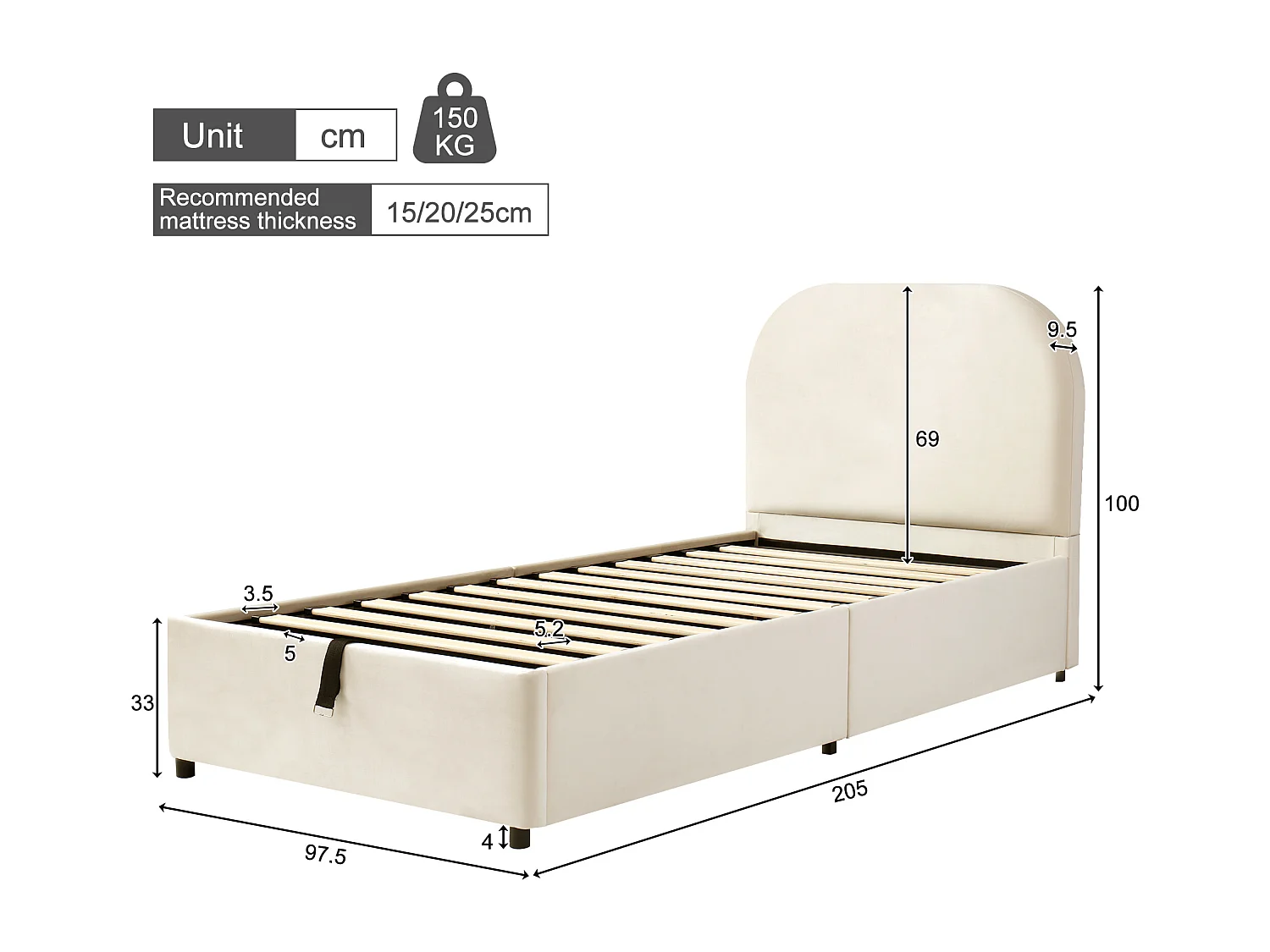 Gepolstertes Stauraumbett – 90 x 190 cm – mit hydraulischem Stauraum und Kopfteil – Samt – beige