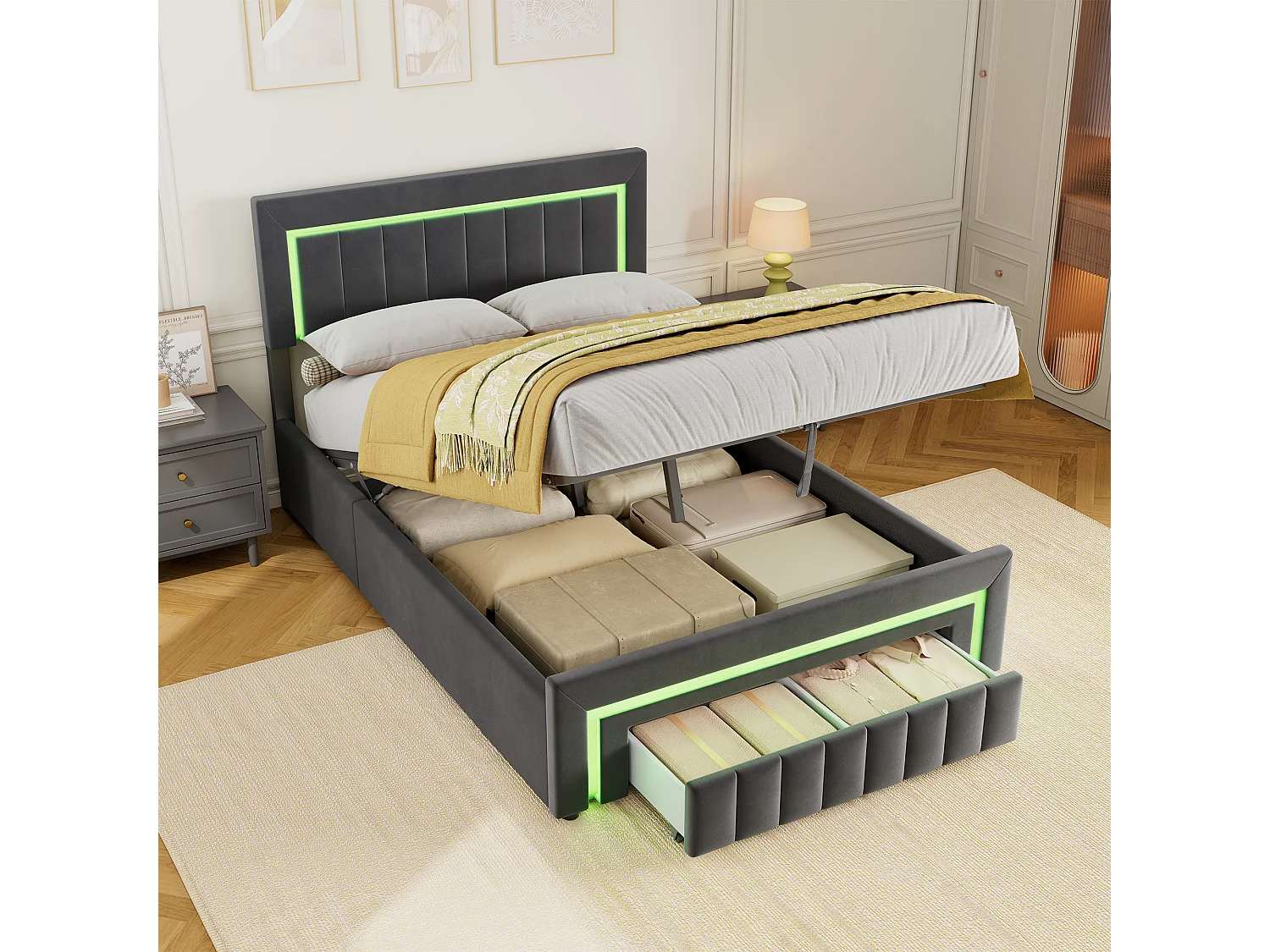 Lit coffre adulte 140x200 cm avec éclairage LED et tiroirs -Velours gris