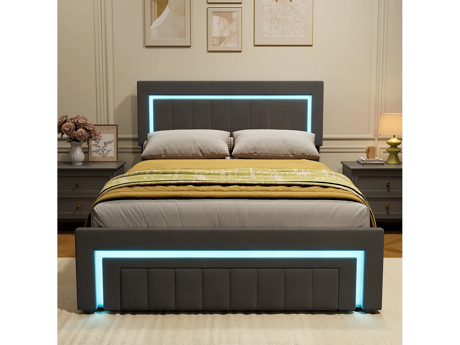 Lit coffre adulte 140x200 cm avec éclairage LED et tiroirs -Velours gris