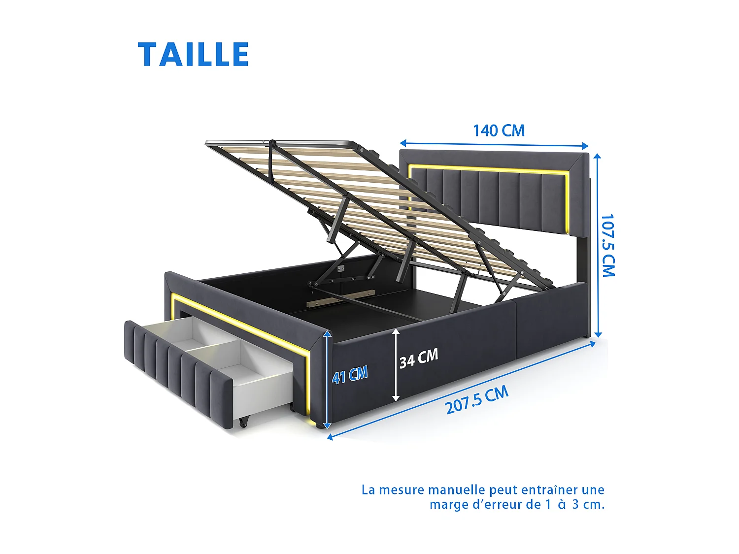 Lit coffre adulte 140x200 cm avec éclairage LED et tiroirs -Velours gris