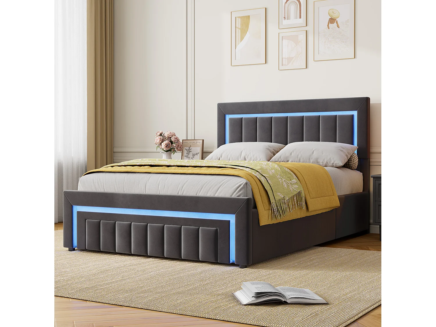Lit coffre adulte 140x200 cm avec éclairage LED et tiroirs -Velours gris