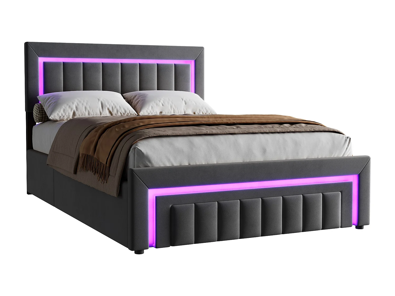 Lit coffre adulte 140x200 cm avec éclairage LED et tiroirs -Velours gris