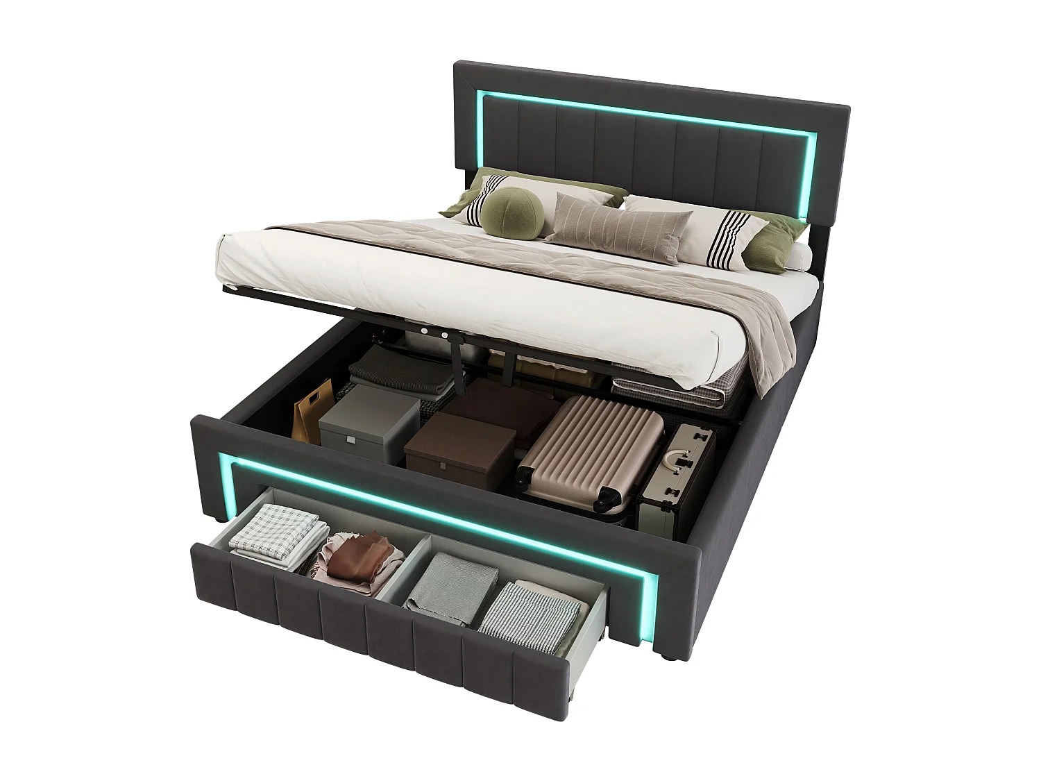 Lit coffre adulte 140x200 cm avec éclairage LED et tiroirs -Velours gris