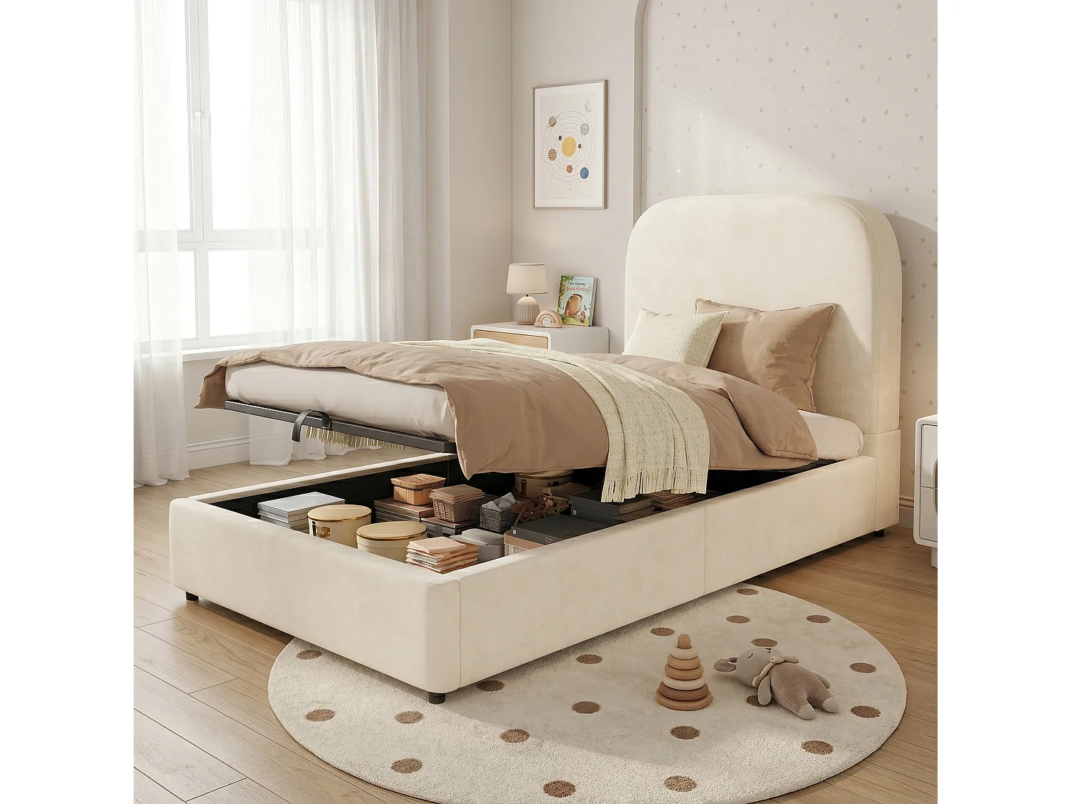 Lit coffre enfant 90x190cm - avec tête de lit rembourrée - avec espace de rangement - Velours - Beige (matelas non inclus)