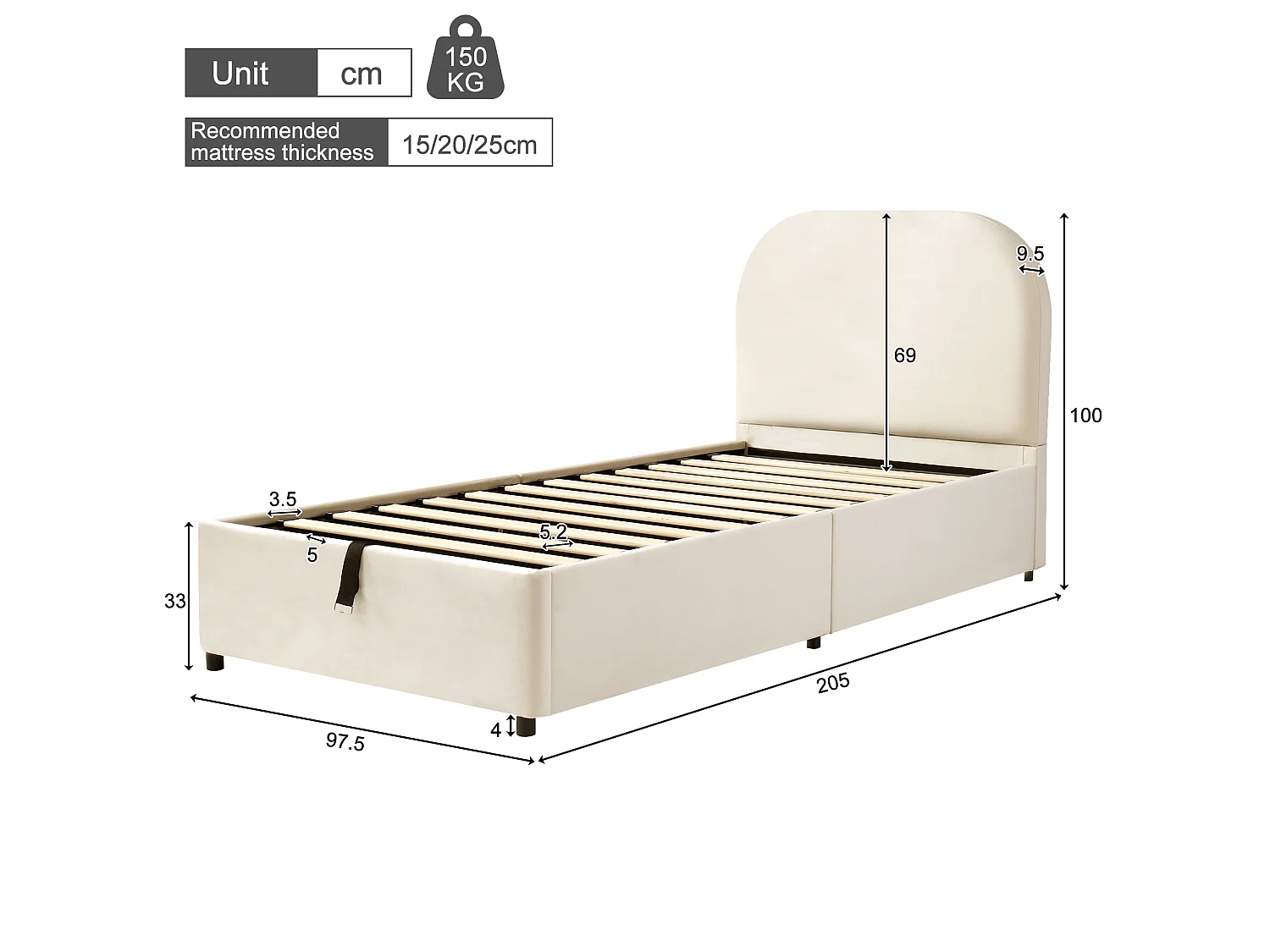 Lit coffre enfant 90x190cm - avec tête de lit rembourrée - avec espace de rangement - Velours - Beige (matelas non inclus)