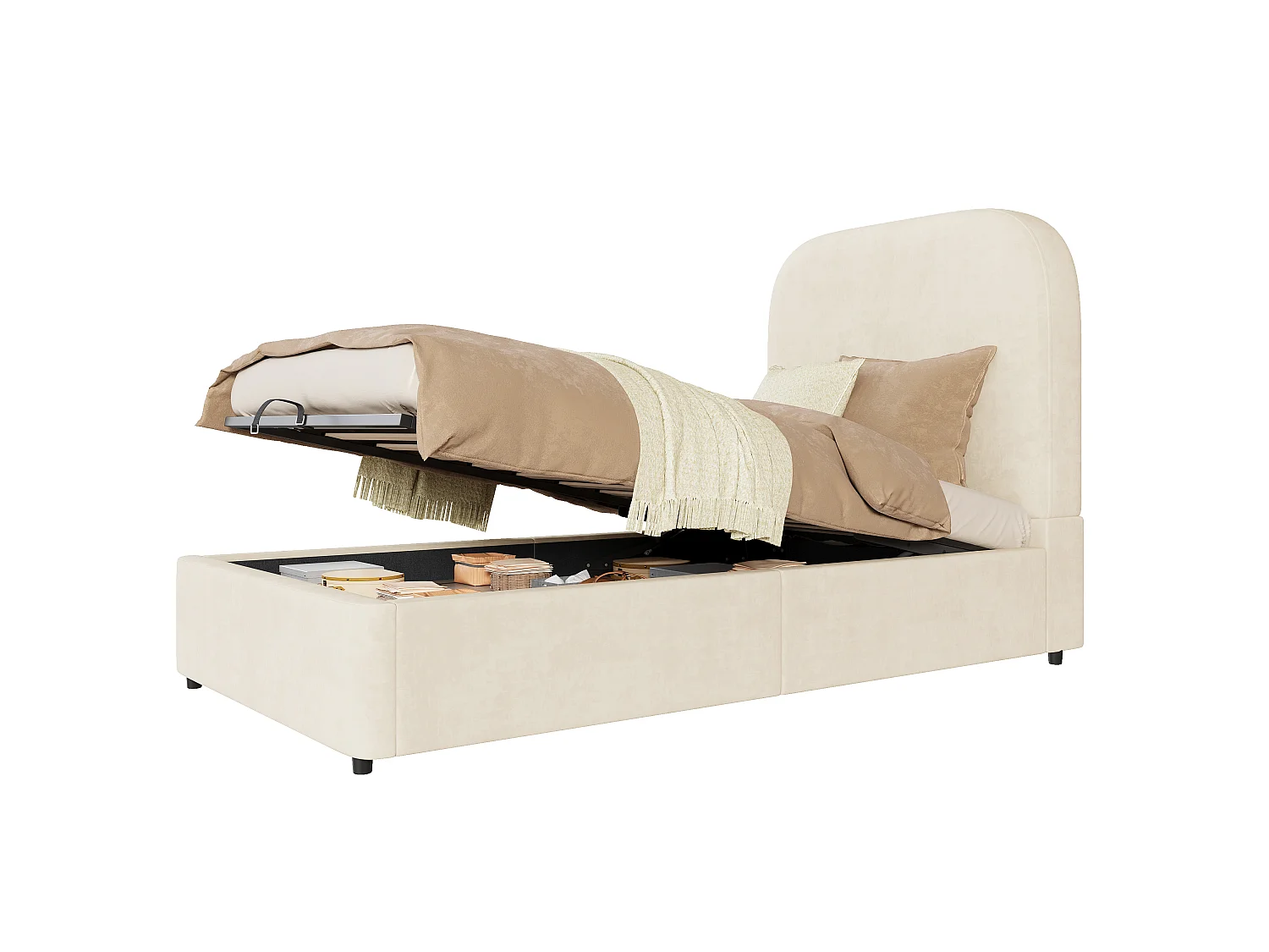 Lit coffre enfant 90x190cm - avec tête de lit rembourrée - avec espace de rangement - Velours - Beige (matelas non inclus)