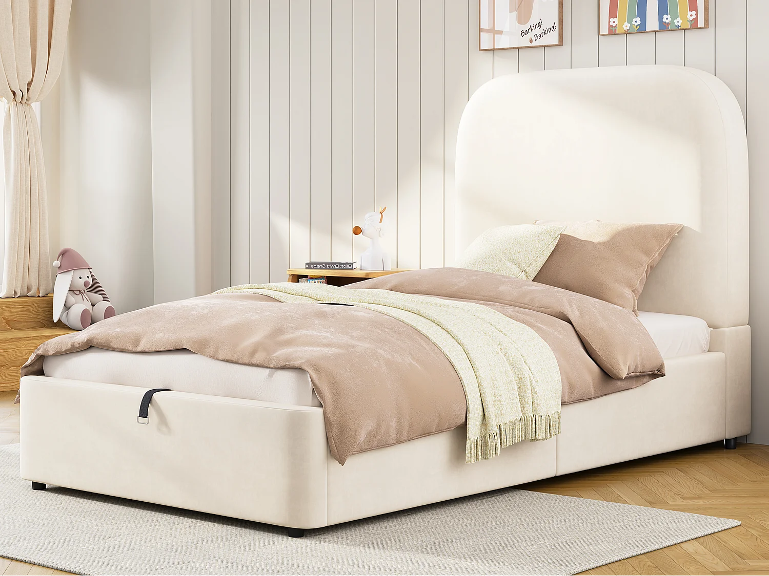 Lit coffre enfant 90x190cm - avec tête de lit rembourrée - avec espace de rangement - Velours - Beige (matelas non inclus)
