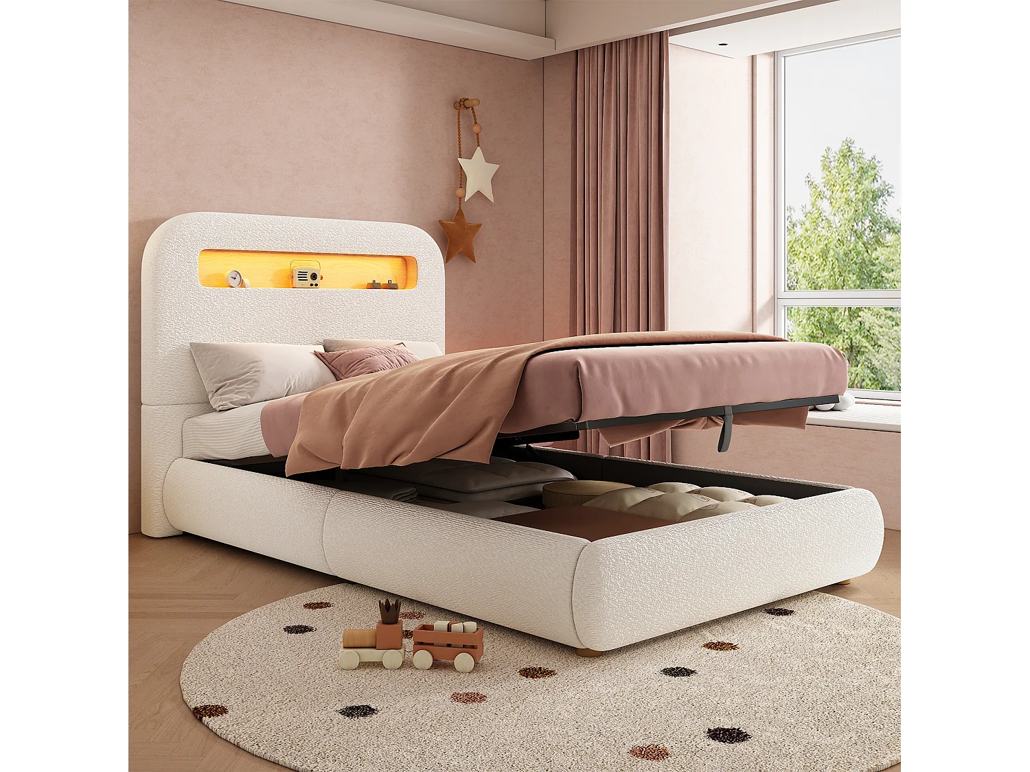 lit enfant rembourré 90x200 cm avec coffre de rangement - avec éclairage LED - Pieds en bois - Bouclé - Blanc (sans matelas)