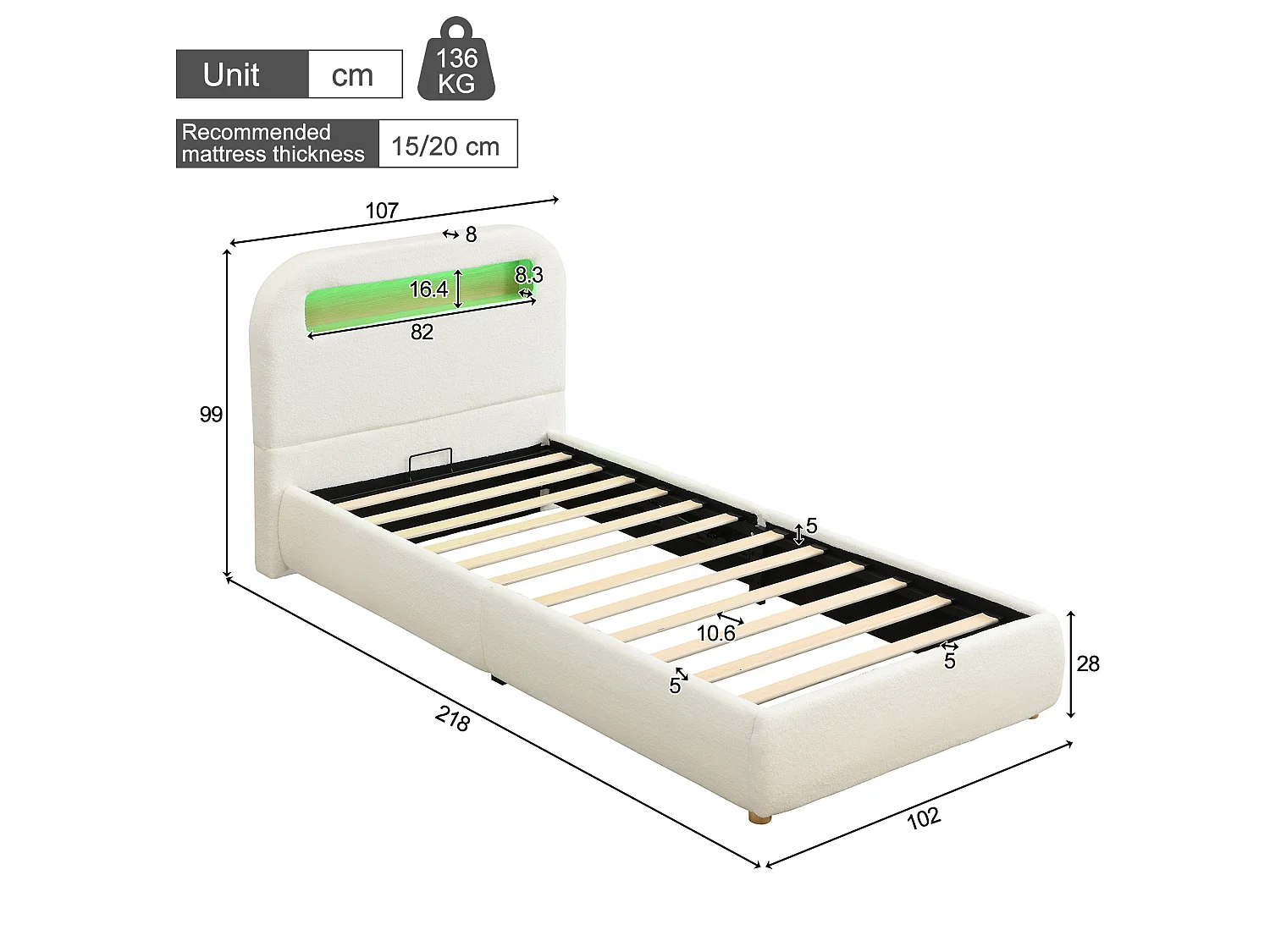 lit enfant rembourré 90x200 cm avec coffre de rangement - avec éclairage LED - Pieds en bois - Bouclé - Blanc (sans matelas)