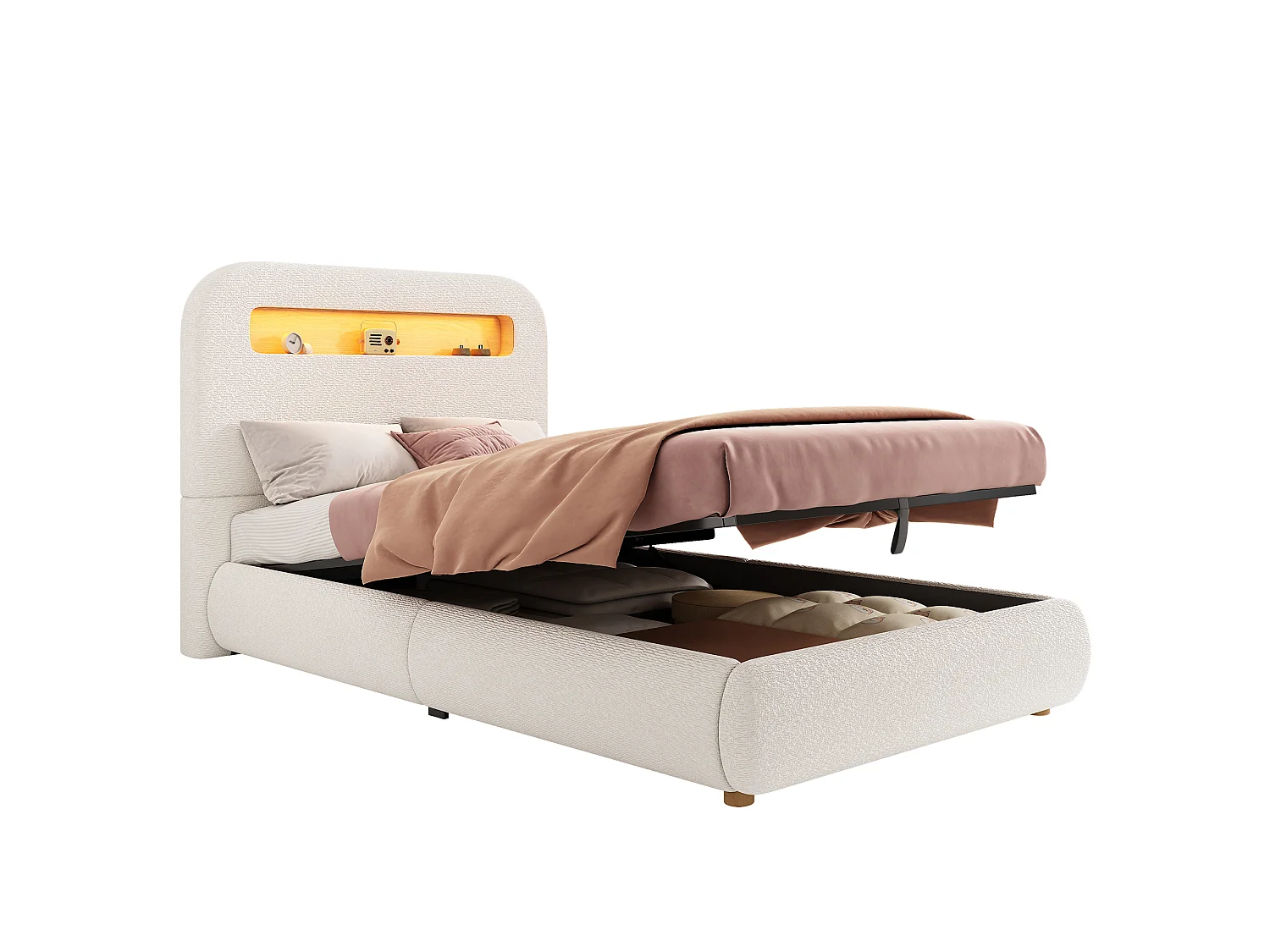 lit enfant rembourré 90x200 cm avec coffre de rangement - avec éclairage LED - Pieds en bois - Bouclé - Blanc (sans matelas)