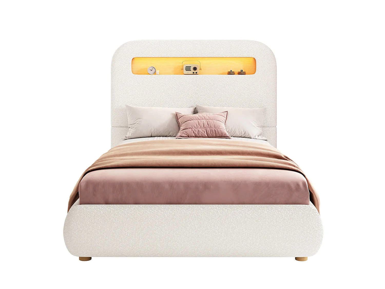 lit enfant rembourré 90x200 cm avec coffre de rangement - avec éclairage LED - Pieds en bois - Bouclé - Blanc (sans matelas)